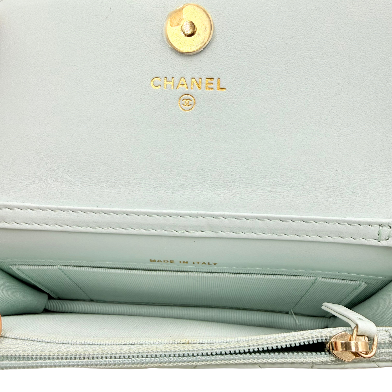 Chanel Quilted Lambskin Imitation Pearl Wallet on Chain Light Blue