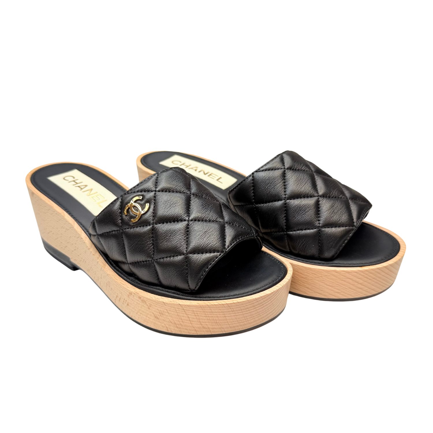 Chanel Interlocking CC Wooden Platform Slides Black