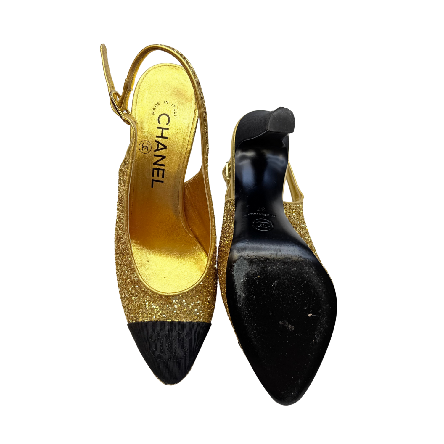 Chanel Interlocking CC Slingback Pumps Gold Glitter