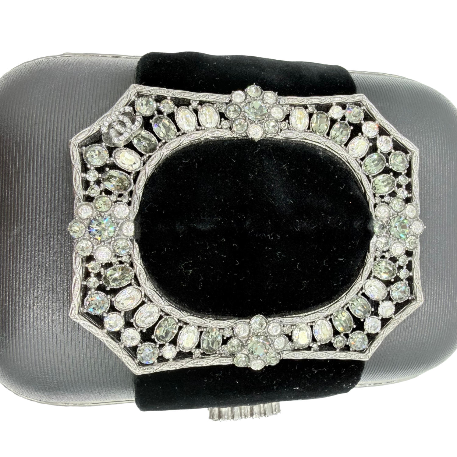 Chanel Lambskin and Velvet Strass Minaudière Embellished Silver Hardware Clutch Black