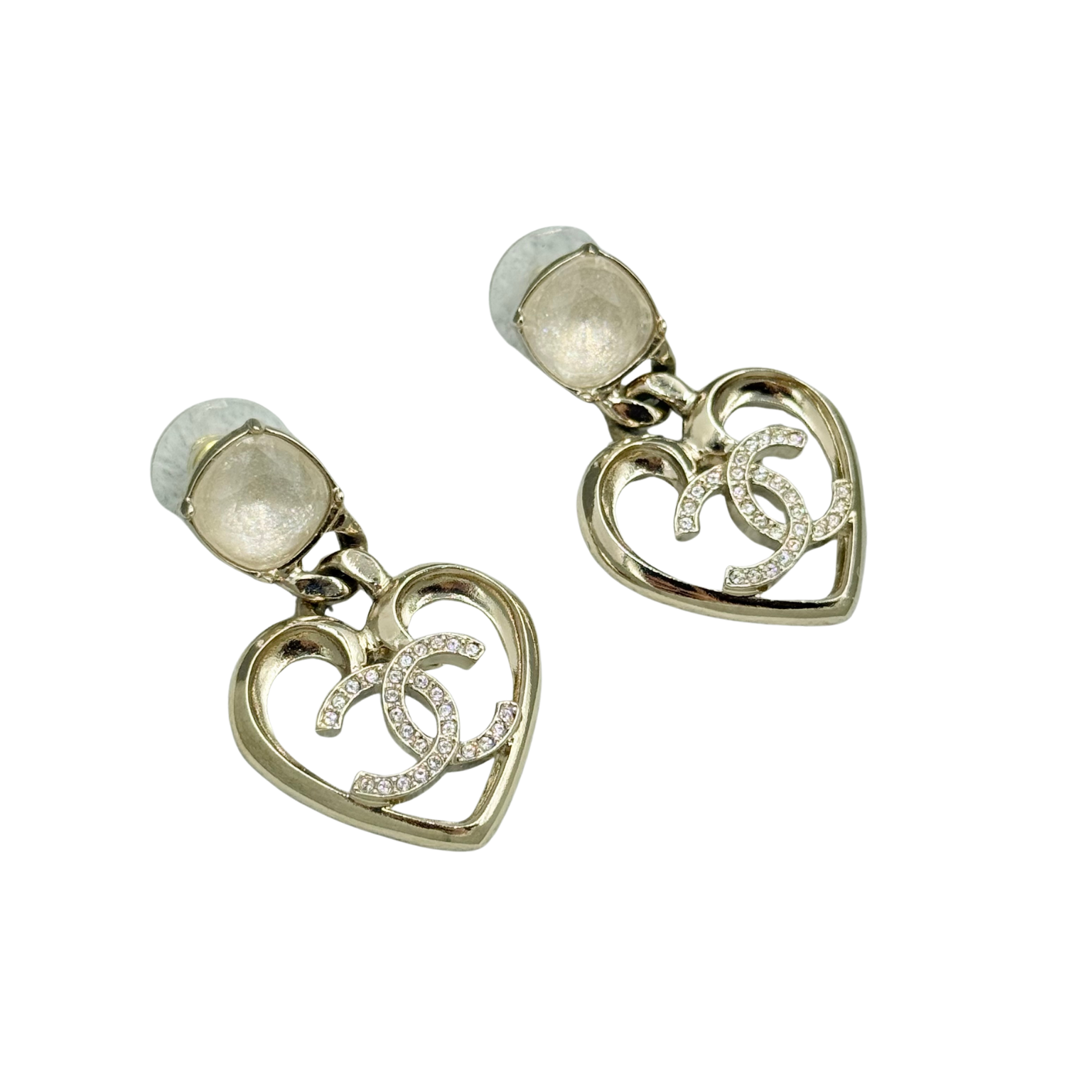 Chanel Large Strass CC Heart Drop Earrings Gold