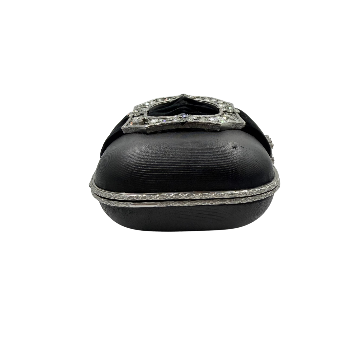 Chanel Lambskin and Velvet Strass Minaudière Embellished Silver Hardware Clutch Black