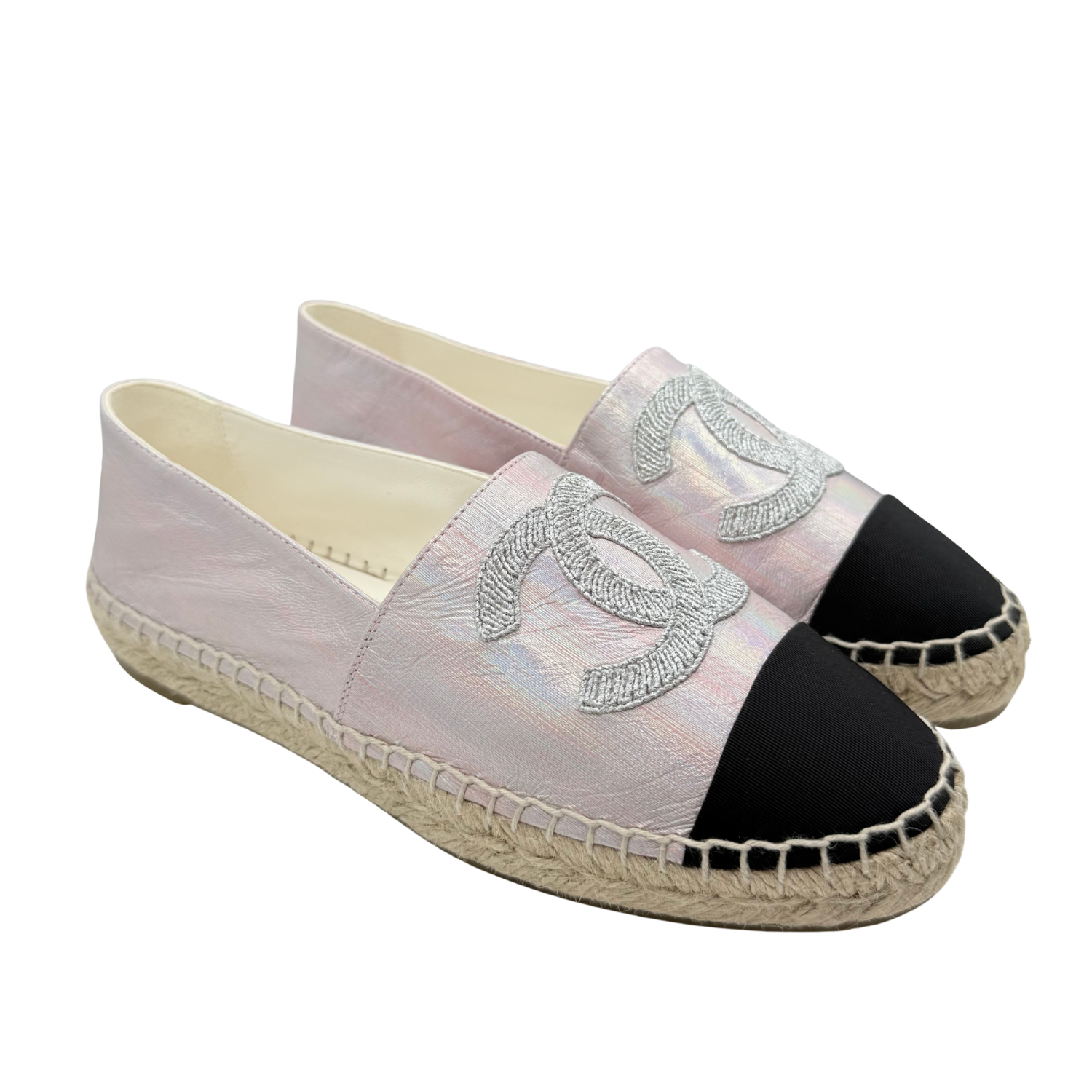 Chanel Laminated Lambskin Grosgrain Embroidered CC Espadrilles Pink Silver Black