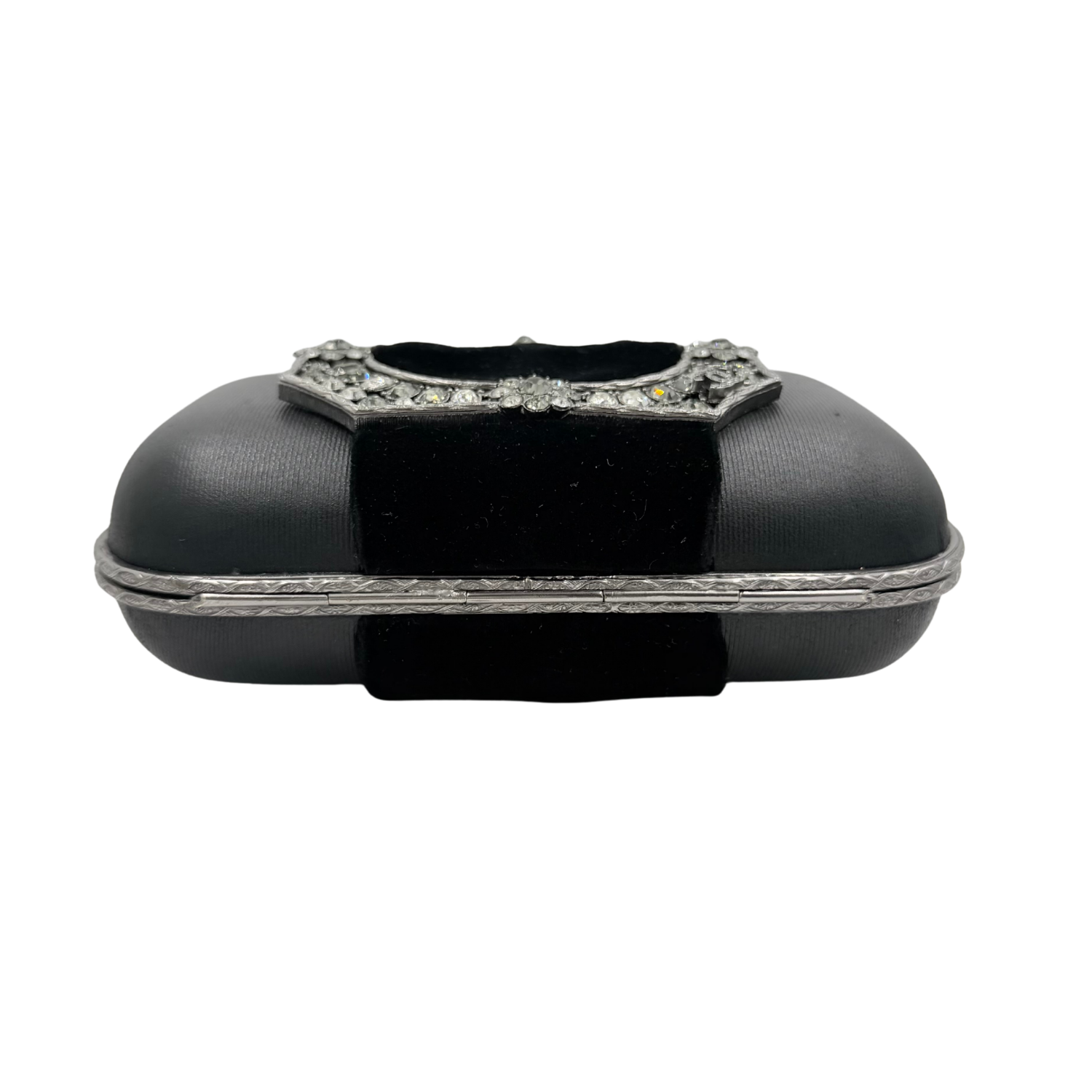 Chanel Lambskin and Velvet Strass Minaudière Embellished Silver Hardware Clutch Black