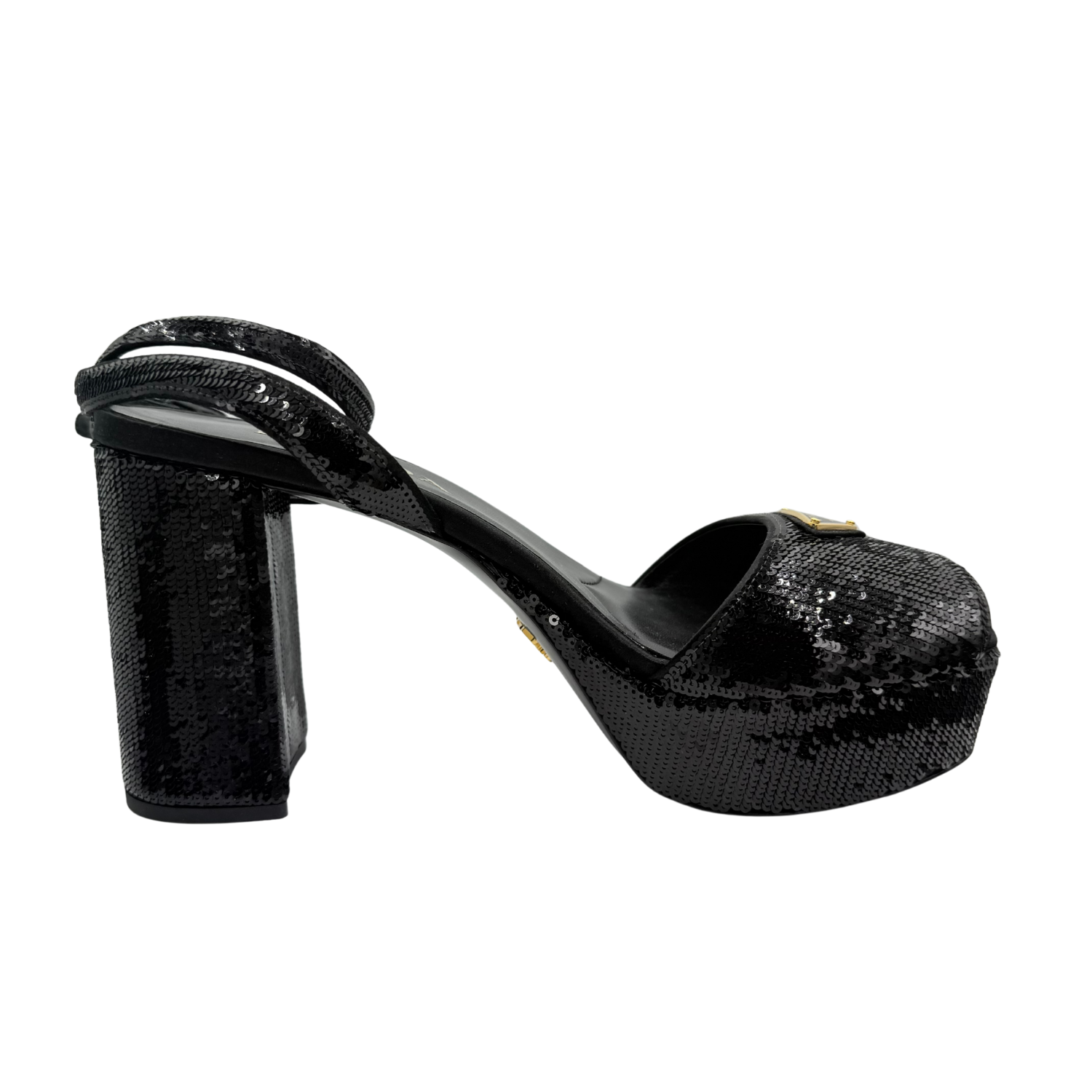 Prada Open Toe Ankle Strap Platform Sandals Black Sequin