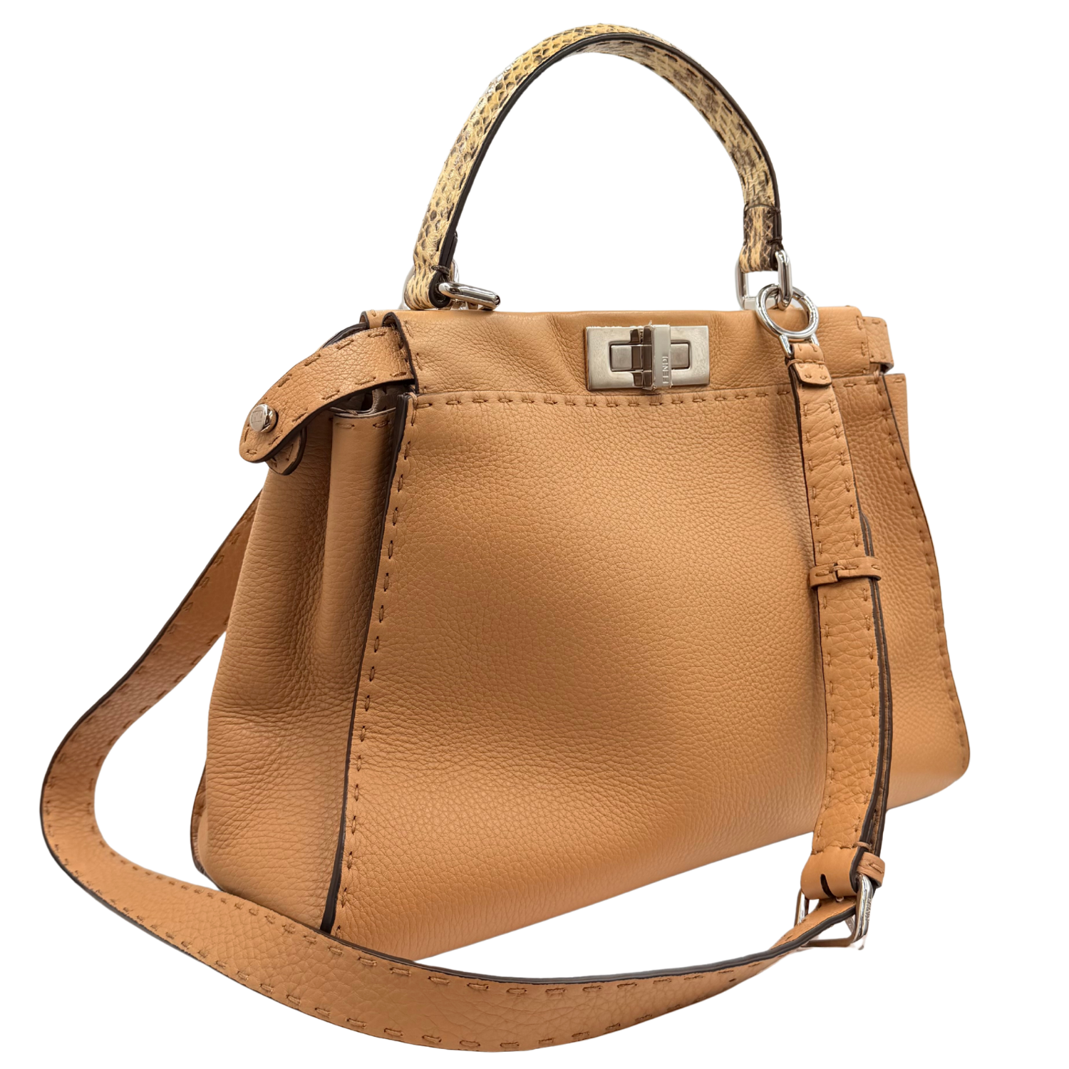 Fendi Cuoio Romano Selleria Bi-Color Small Peekaboo Iconic Satchel Mou Milk with Python Handle