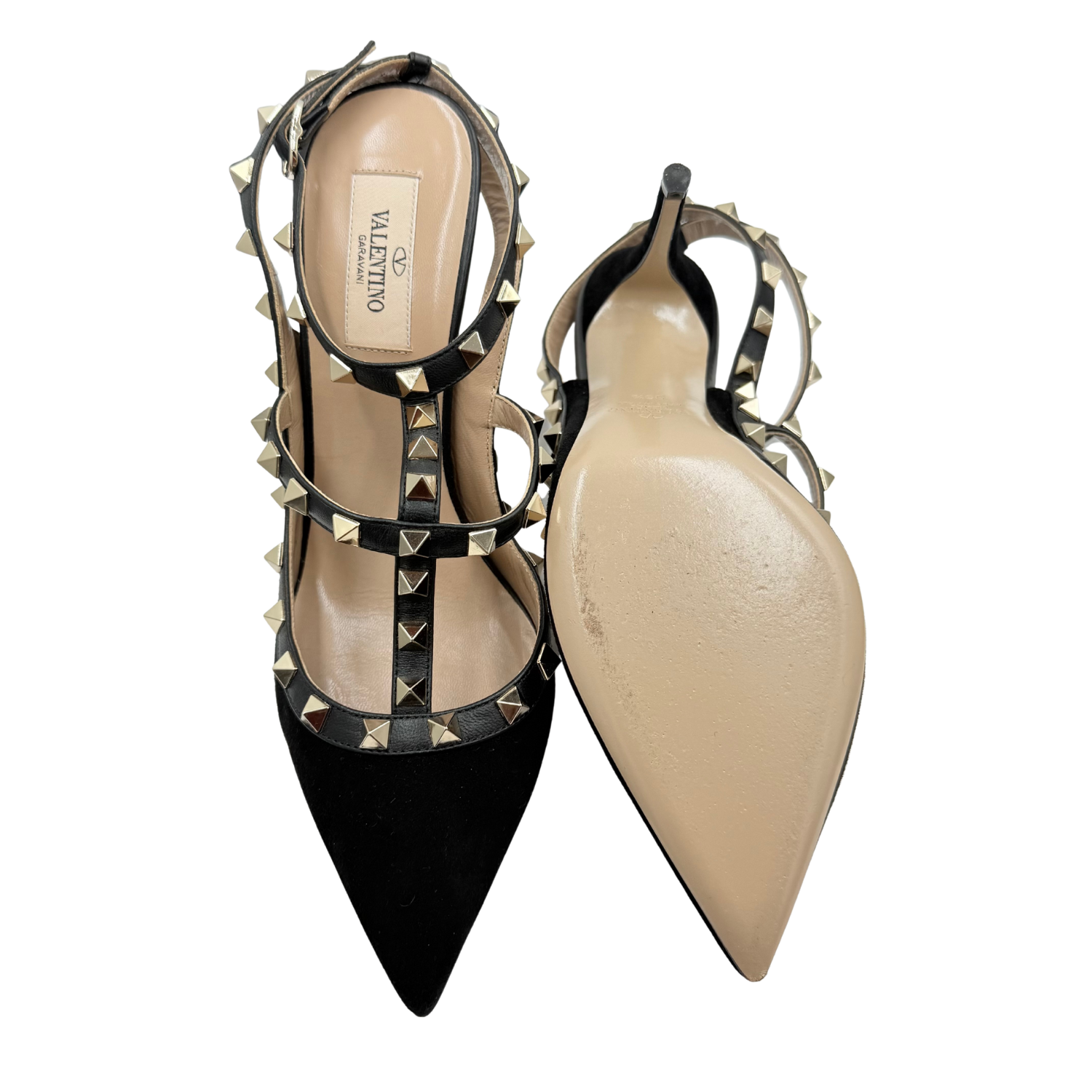 Valentino Rockstud Accents Velvet T-Strap Pumps Black