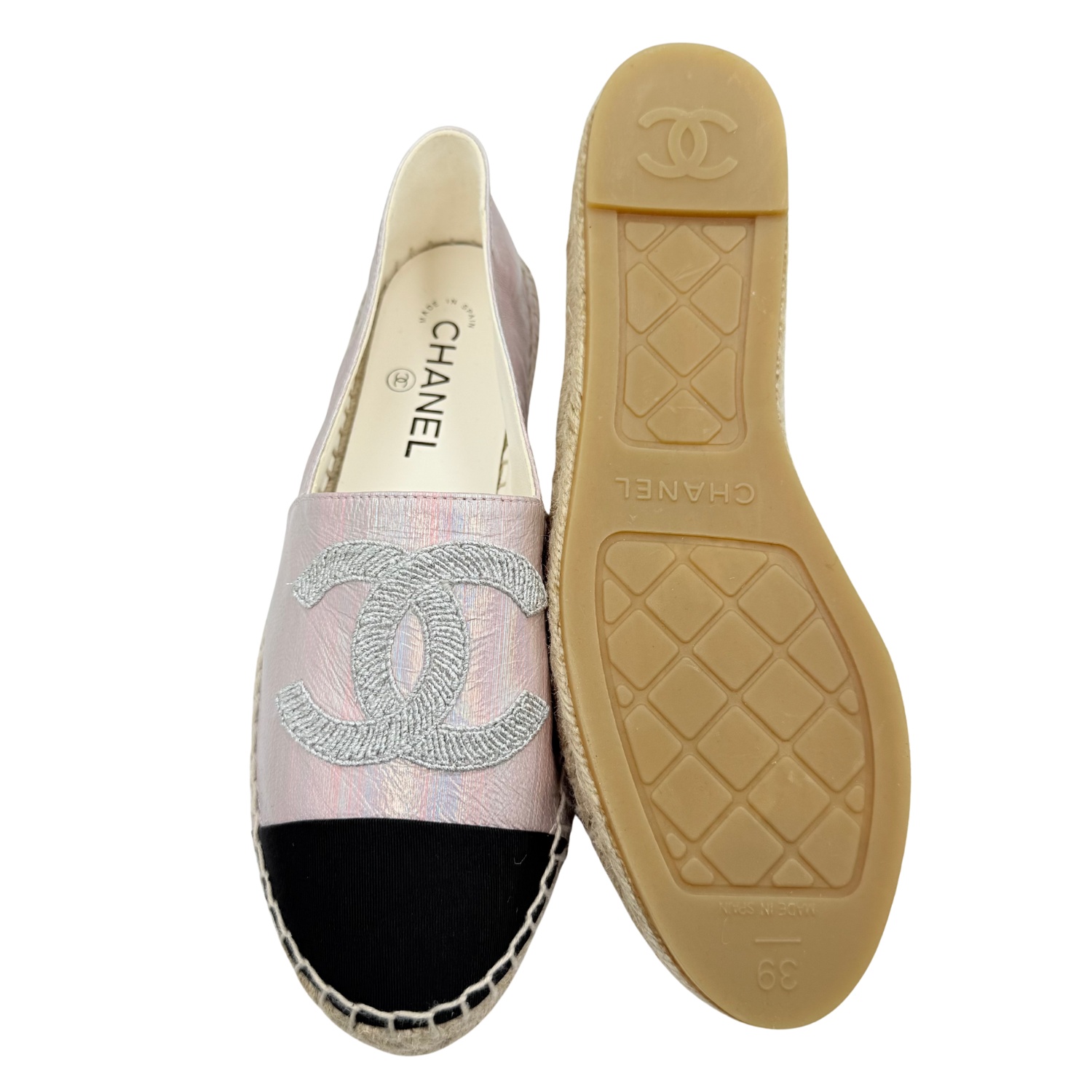 Chanel Laminated Lambskin Grosgrain Embroidered CC Espadrilles Pink Silver Black