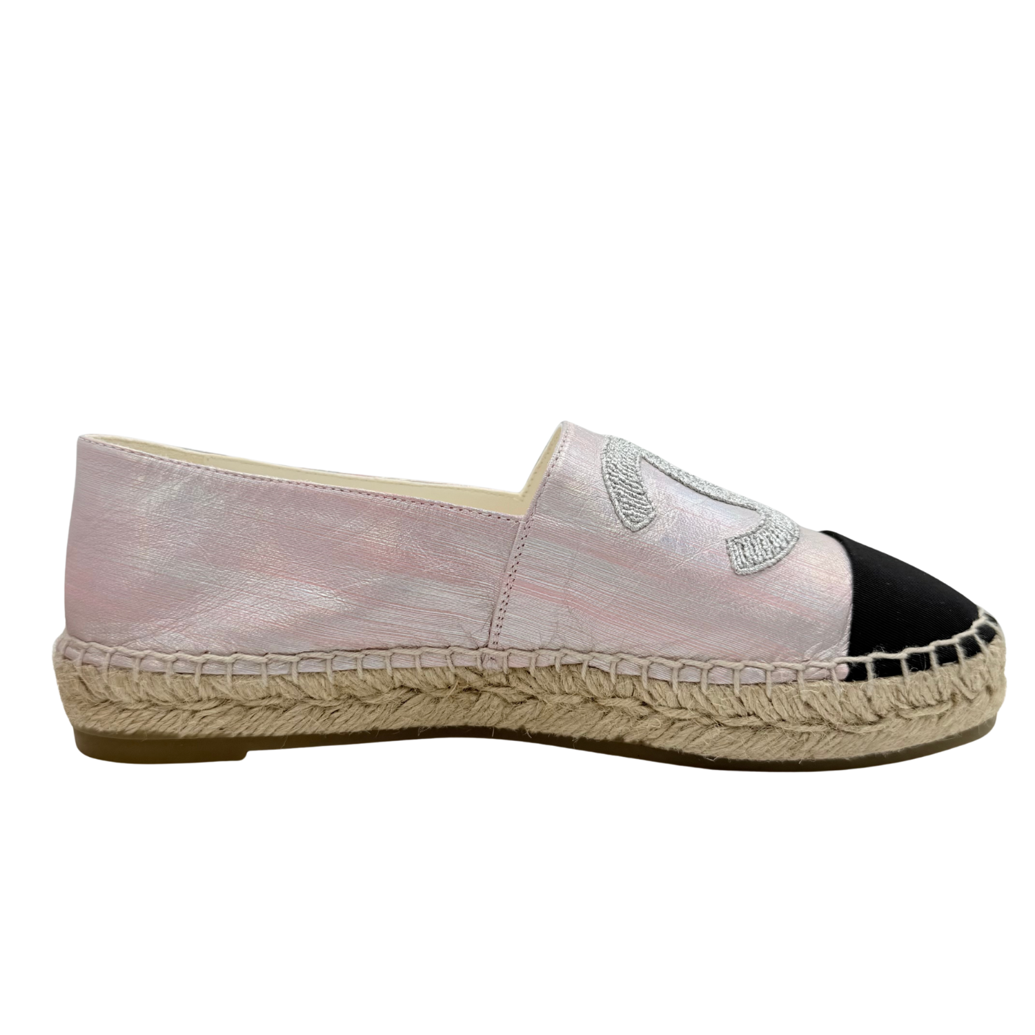 Chanel Laminated Lambskin Grosgrain Embroidered CC Espadrilles Pink Silver Black