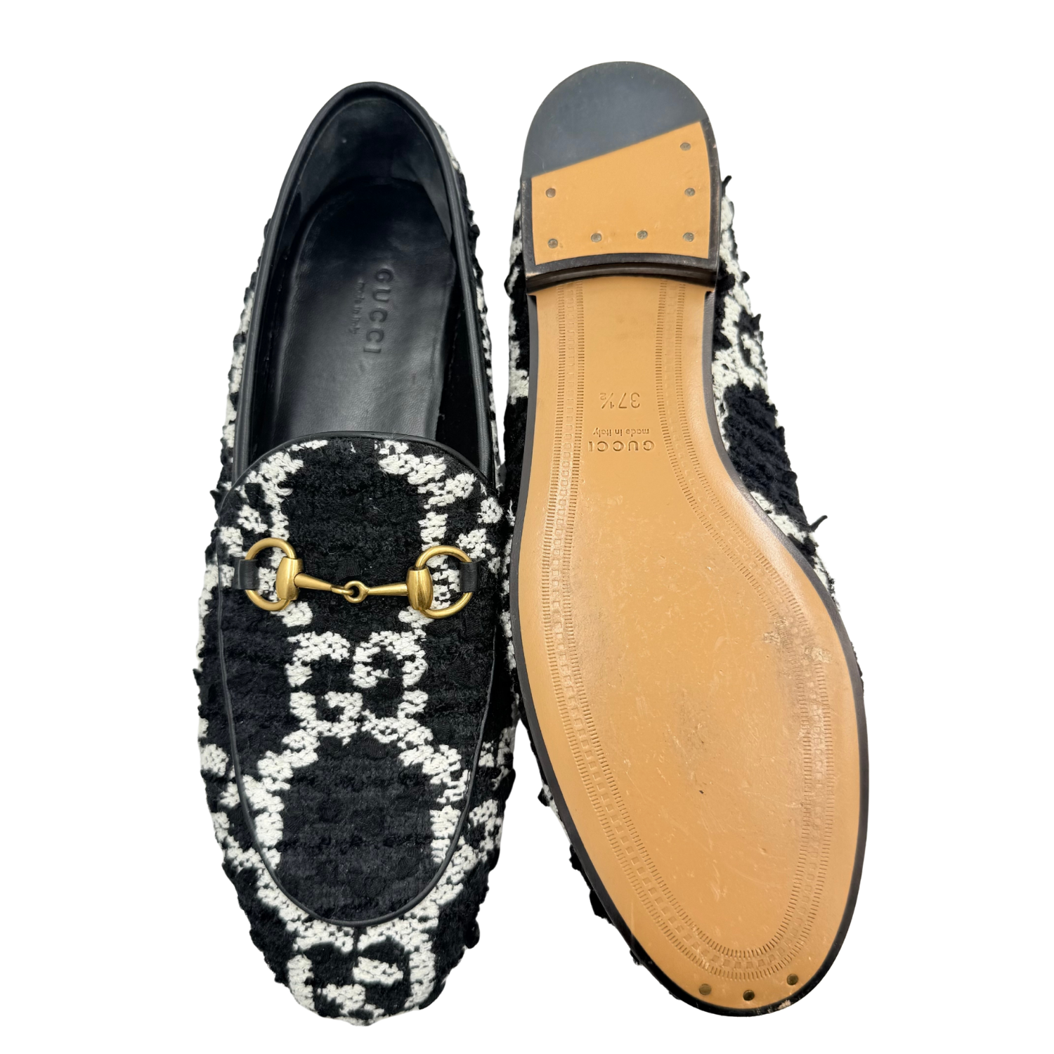 Gucci Brixton Apron-Toe Horsebit Tweed Loafers Black and White
