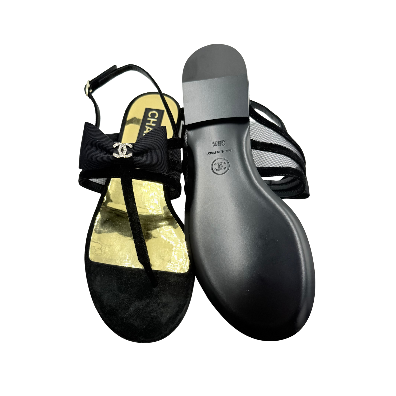 Chanel T-Strap Bow Flats Black & Gold