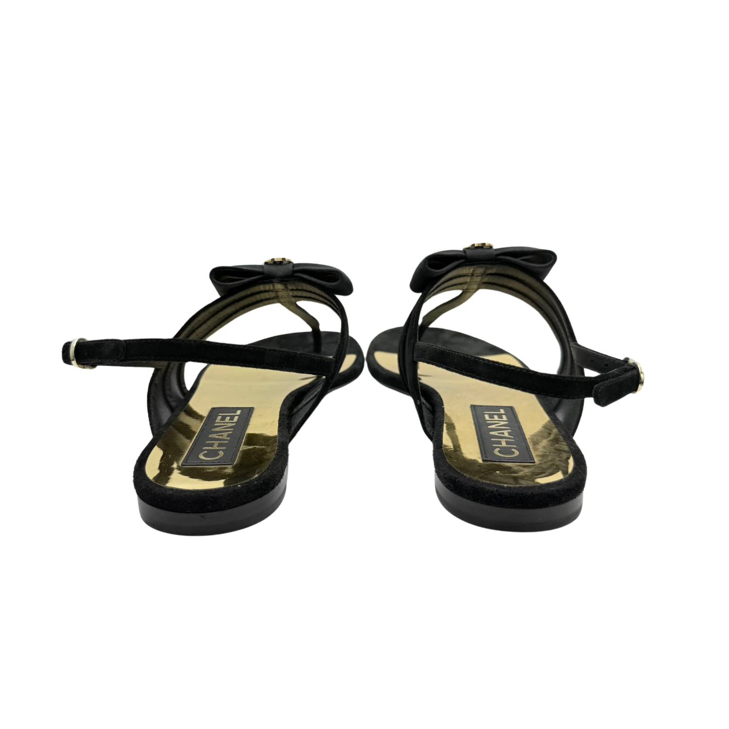 Chanel T-Strap Bow Flats Black & Gold