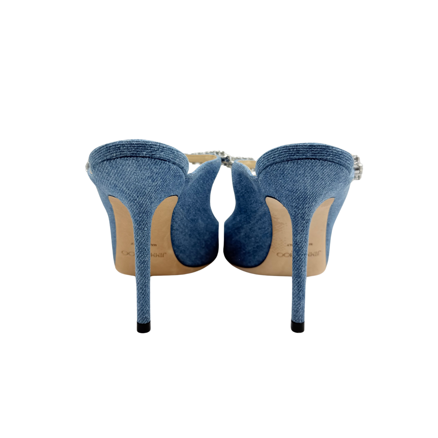 Jimmy Choo Bing 100 Crystal-Strap Heeled Mules Denim