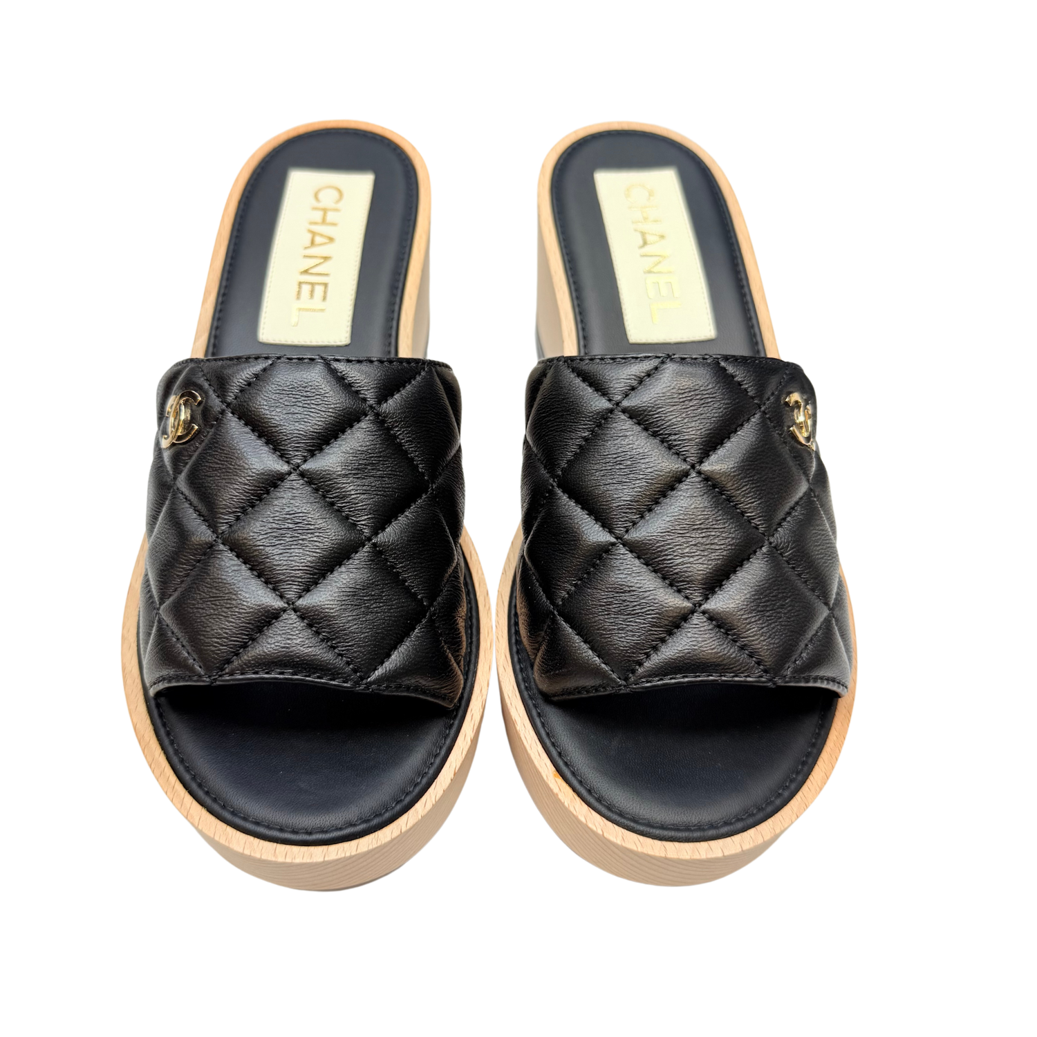 Chanel Interlocking CC Wooden Platform Slides Black
