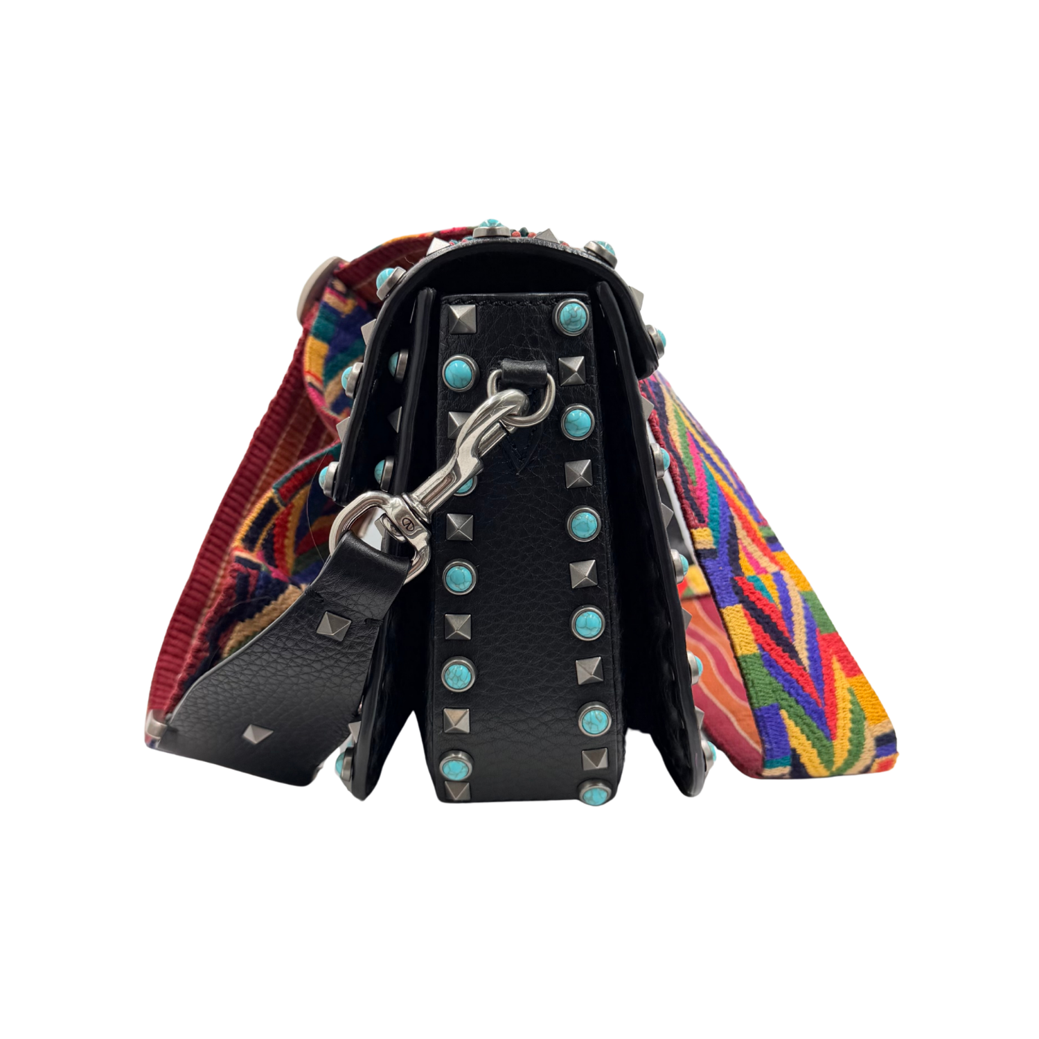 Beaded Rockstud Rolling Shoulder Bag w/ Guitar Strap Black