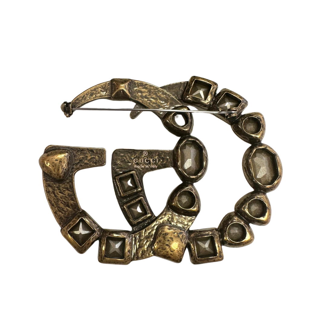 Gucci Gold and Crystal Double G Brooch
