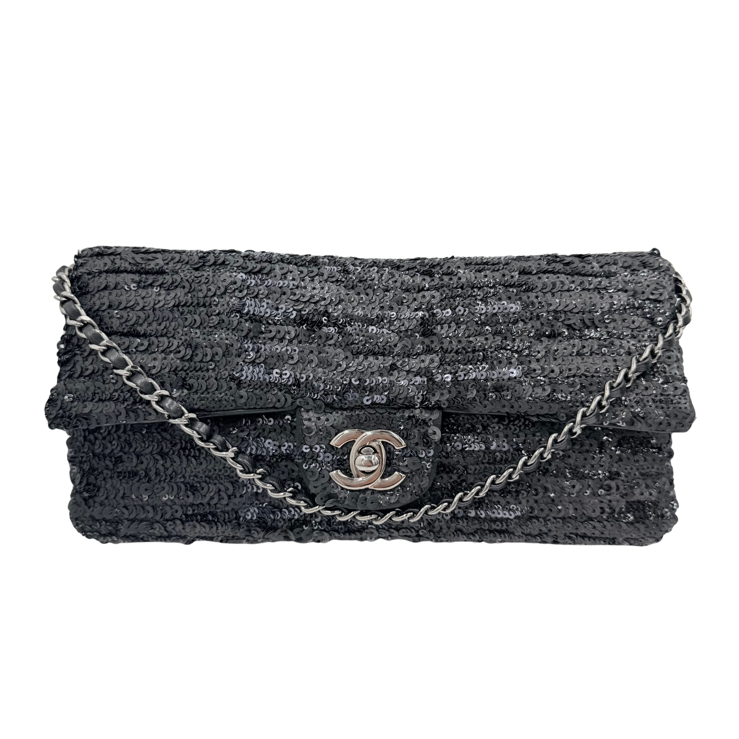 Chanel East West Flap Bag Black Sequin