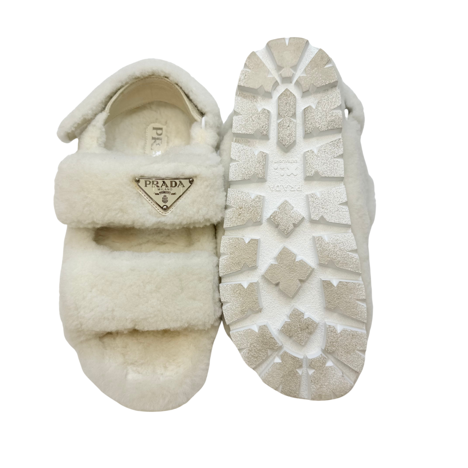 Prada Shearling Sandals Off White