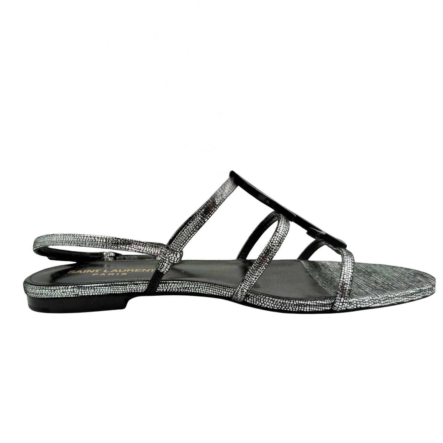 Yves Saint Laurent Cassandre YSL Logo Metallic Flat Sandals