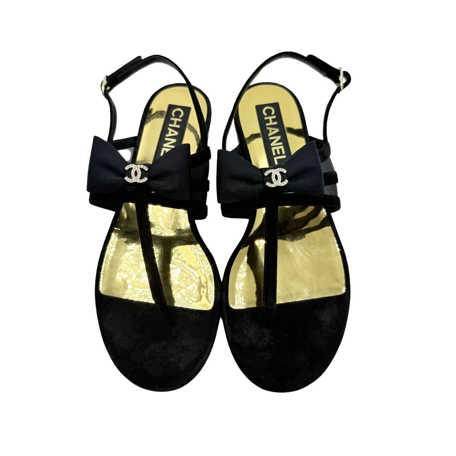 Chanel T-Strap Bow Flats Black & Gold