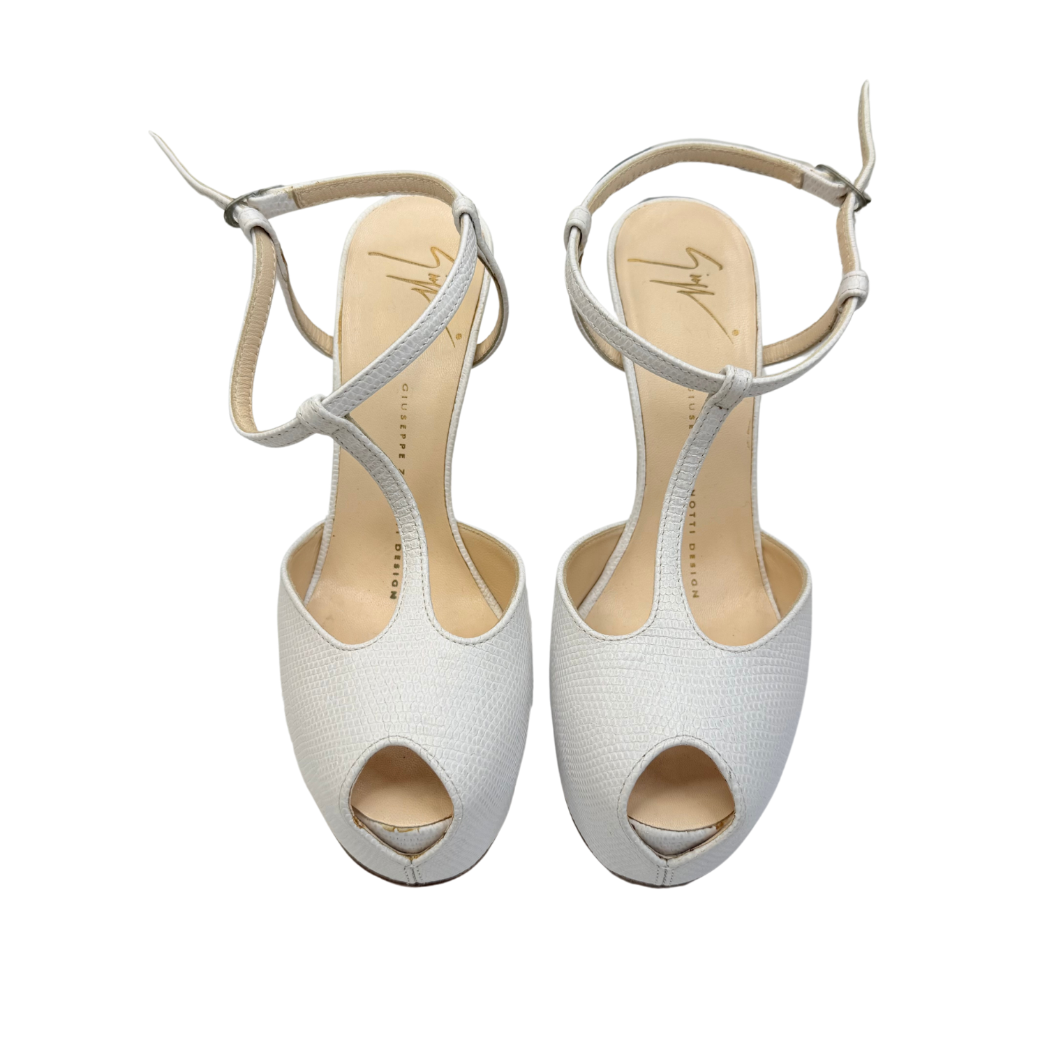 Giuseppe Zanotti Lizard Embossed Leather T-Strap Platform Peep Toe Pumps White