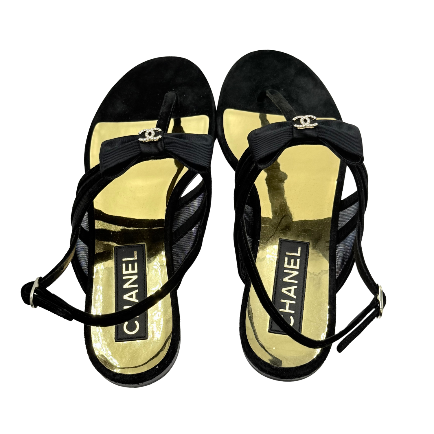 Chanel T-Strap Bow Flats Black & Gold