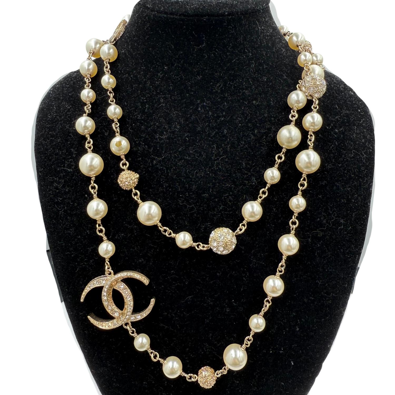 Chanel Metal Graduated Pearl Crystal CC Long Necklace Gold