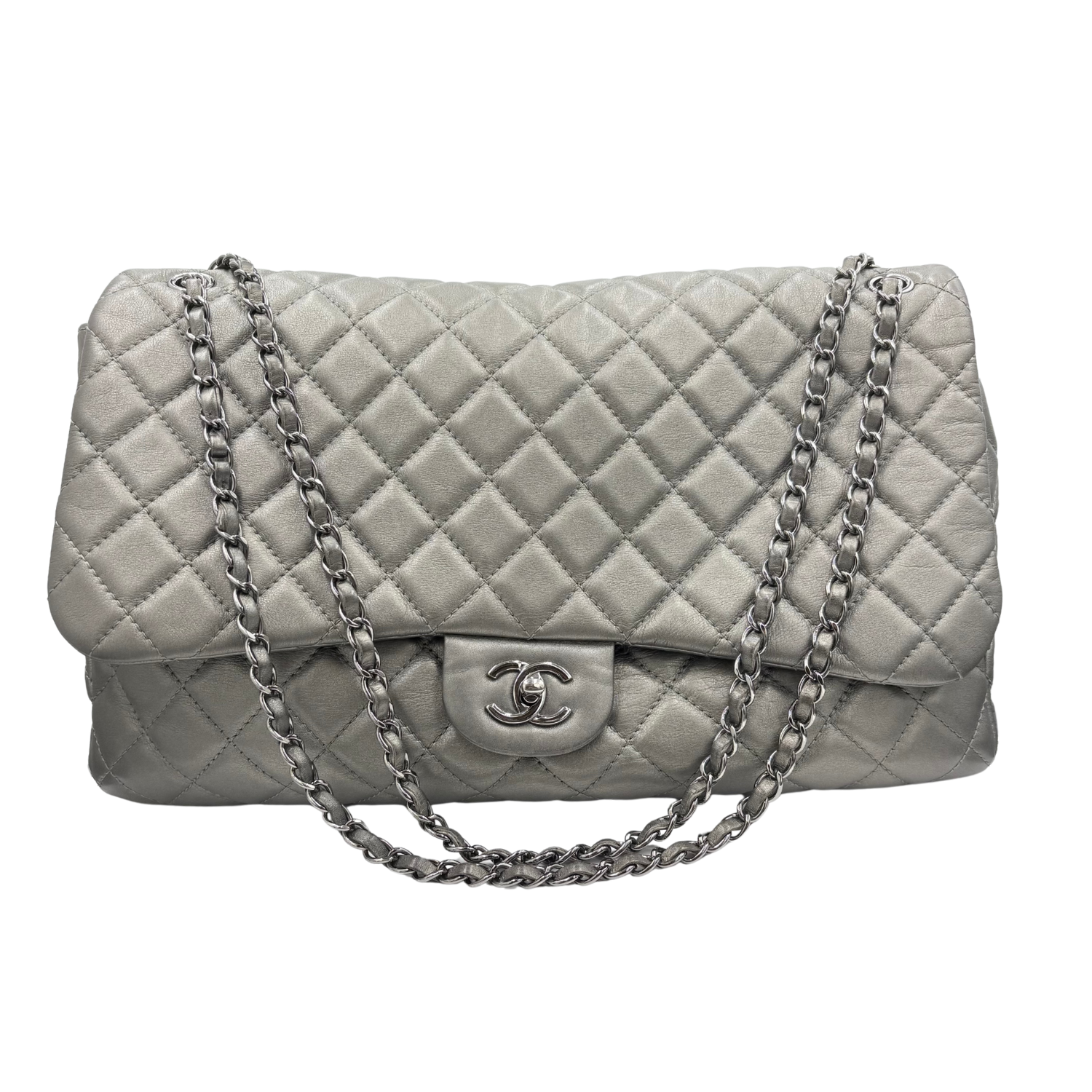 Chanel CC Quilted XXL Airline Flap Bag Silver