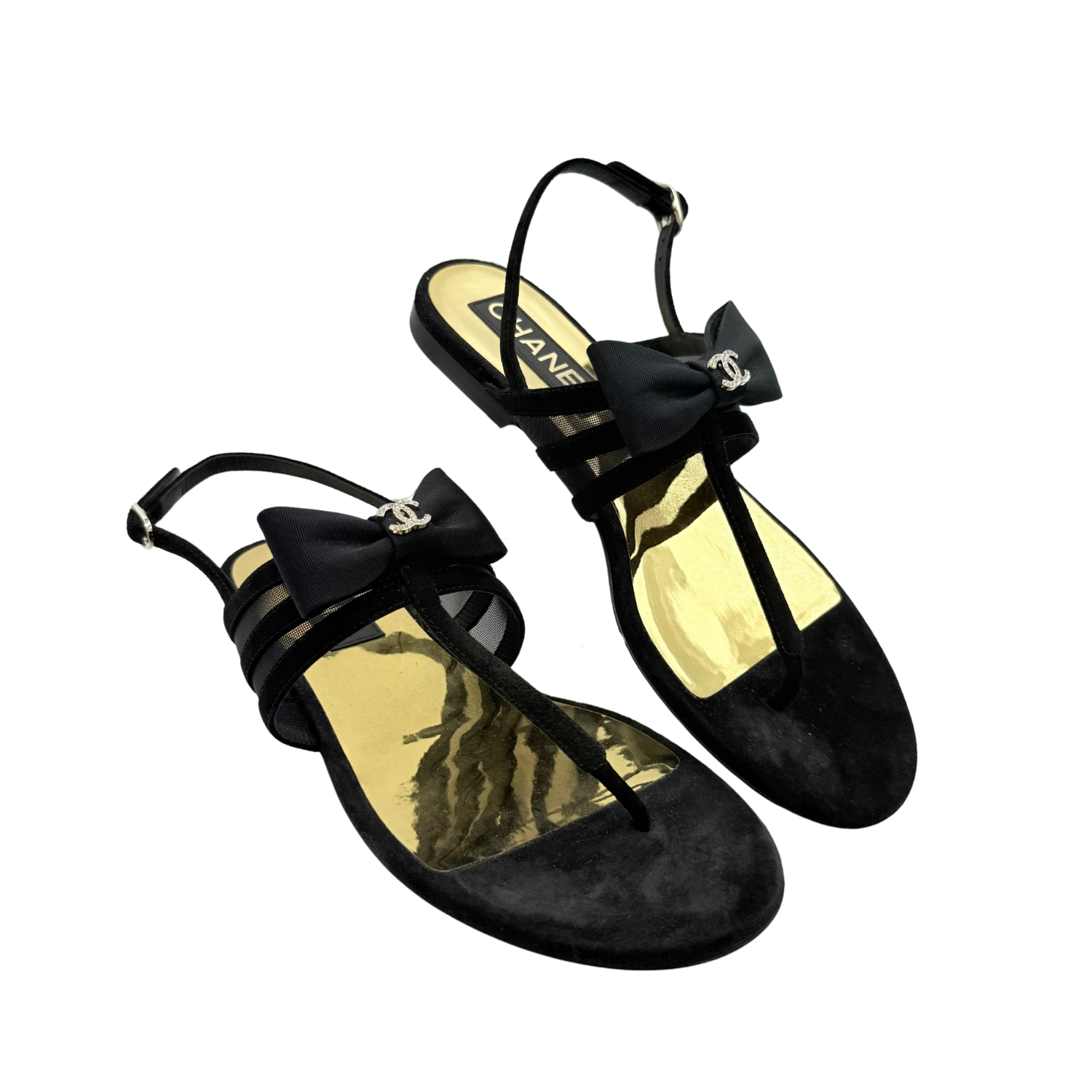 Chanel T-Strap Bow Flats Black & Gold