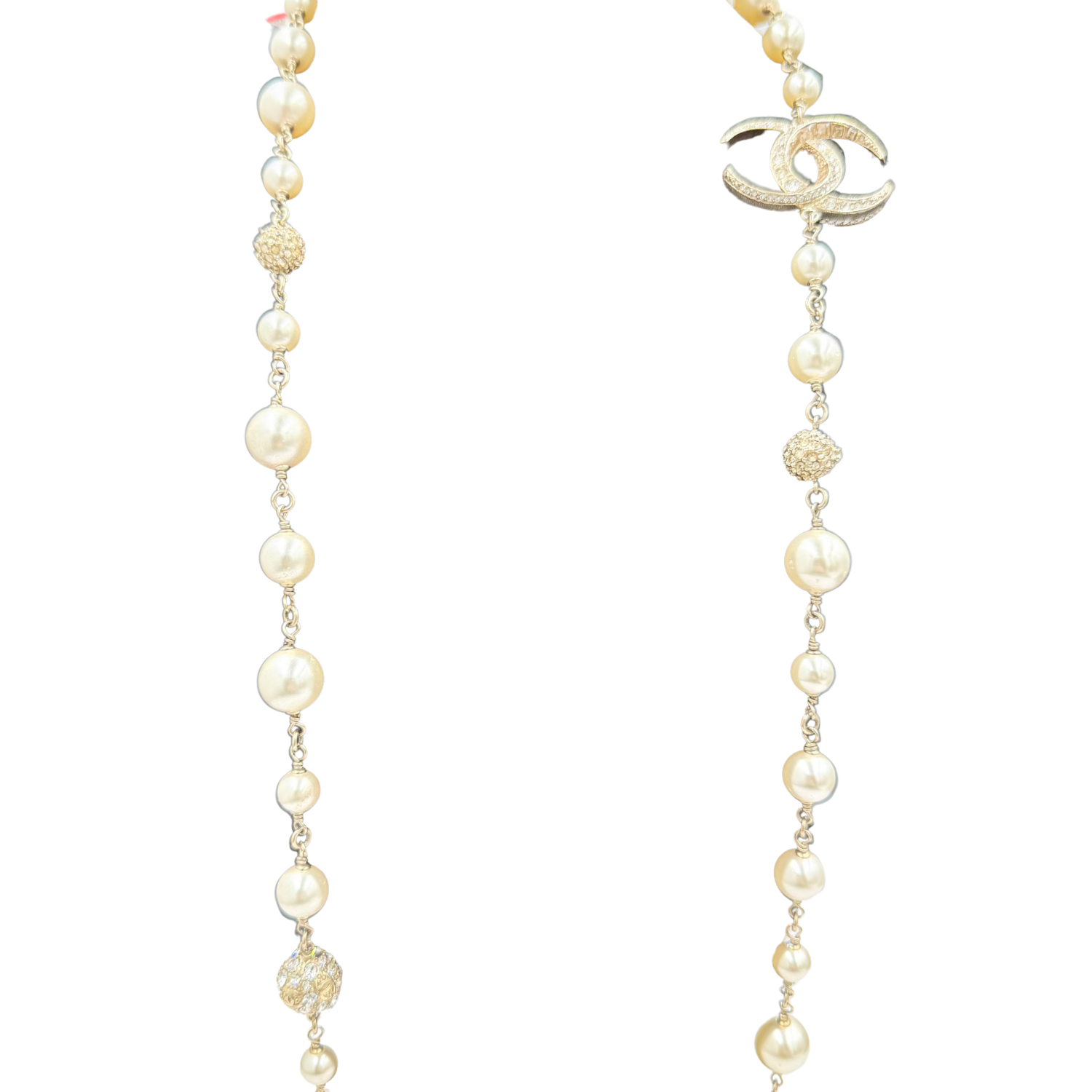 Chanel Metal Graduated Pearl Crystal CC Long Necklace Gold