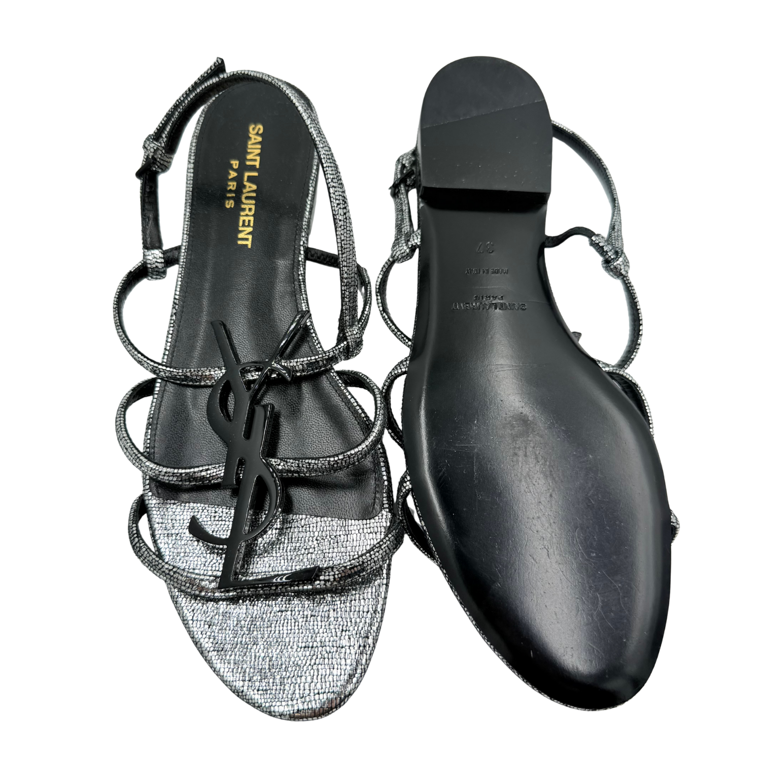 Yves Saint Laurent Cassandre YSL Logo Metallic Flat Sandals
