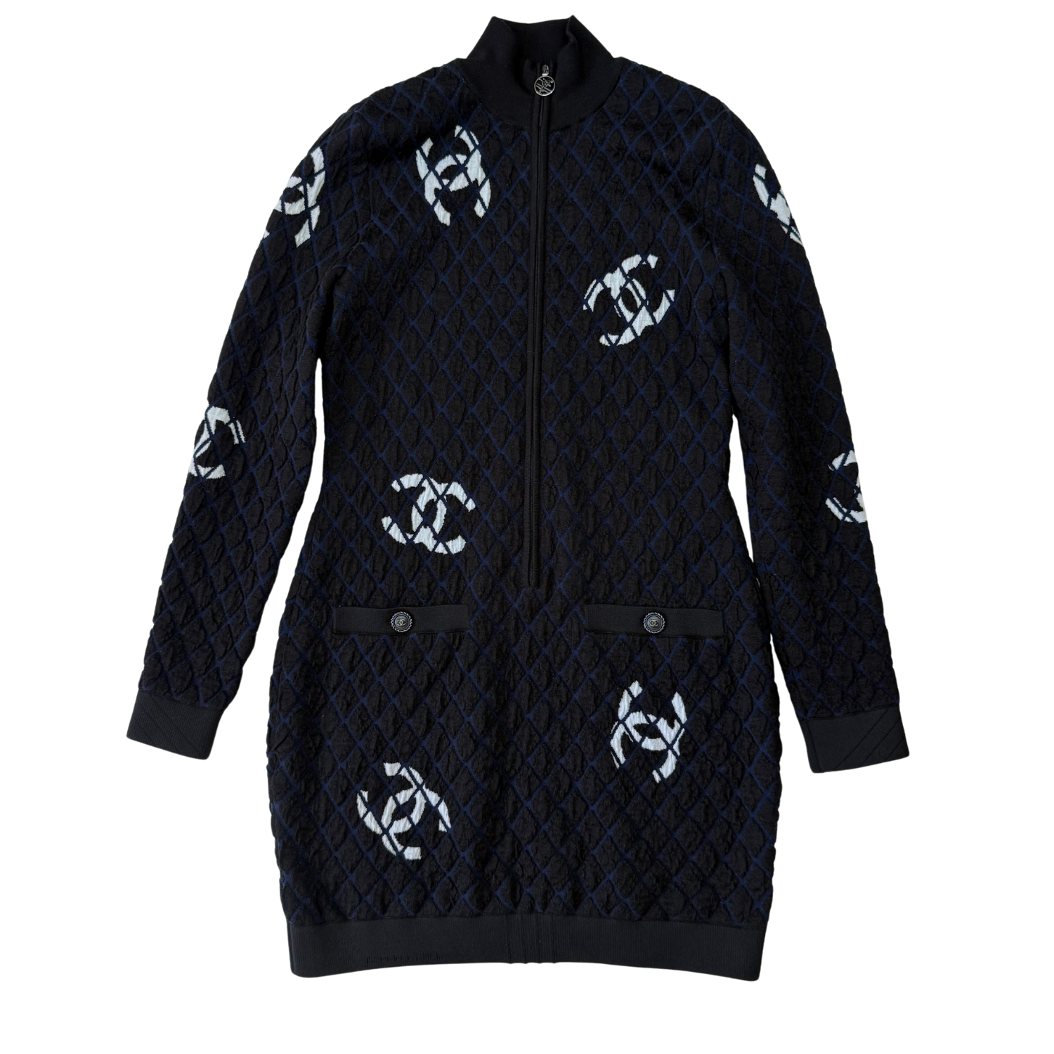 Chanel Runway CC Coco Neige Half Zip Up Dress Blue & Black