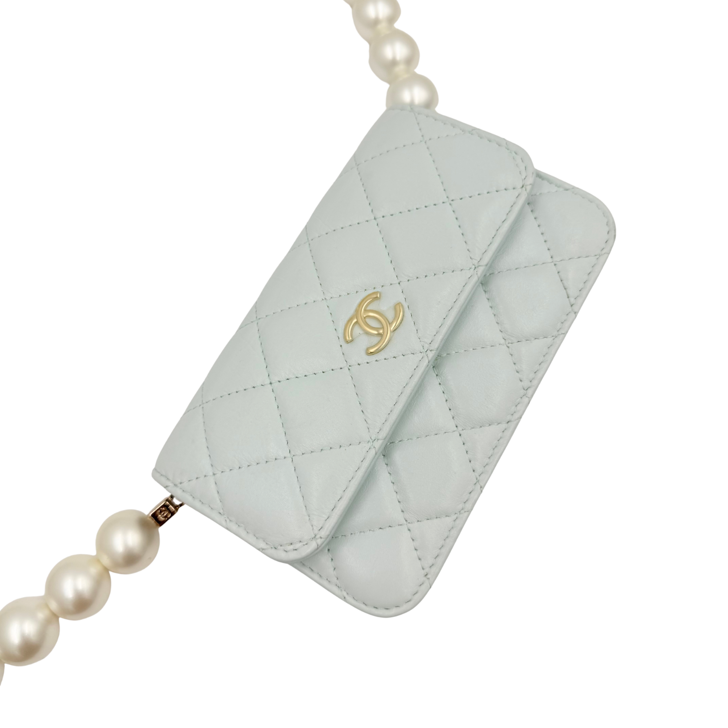 Chanel Quilted Lambskin Imitation Pearl Wallet on Chain Light Blue
