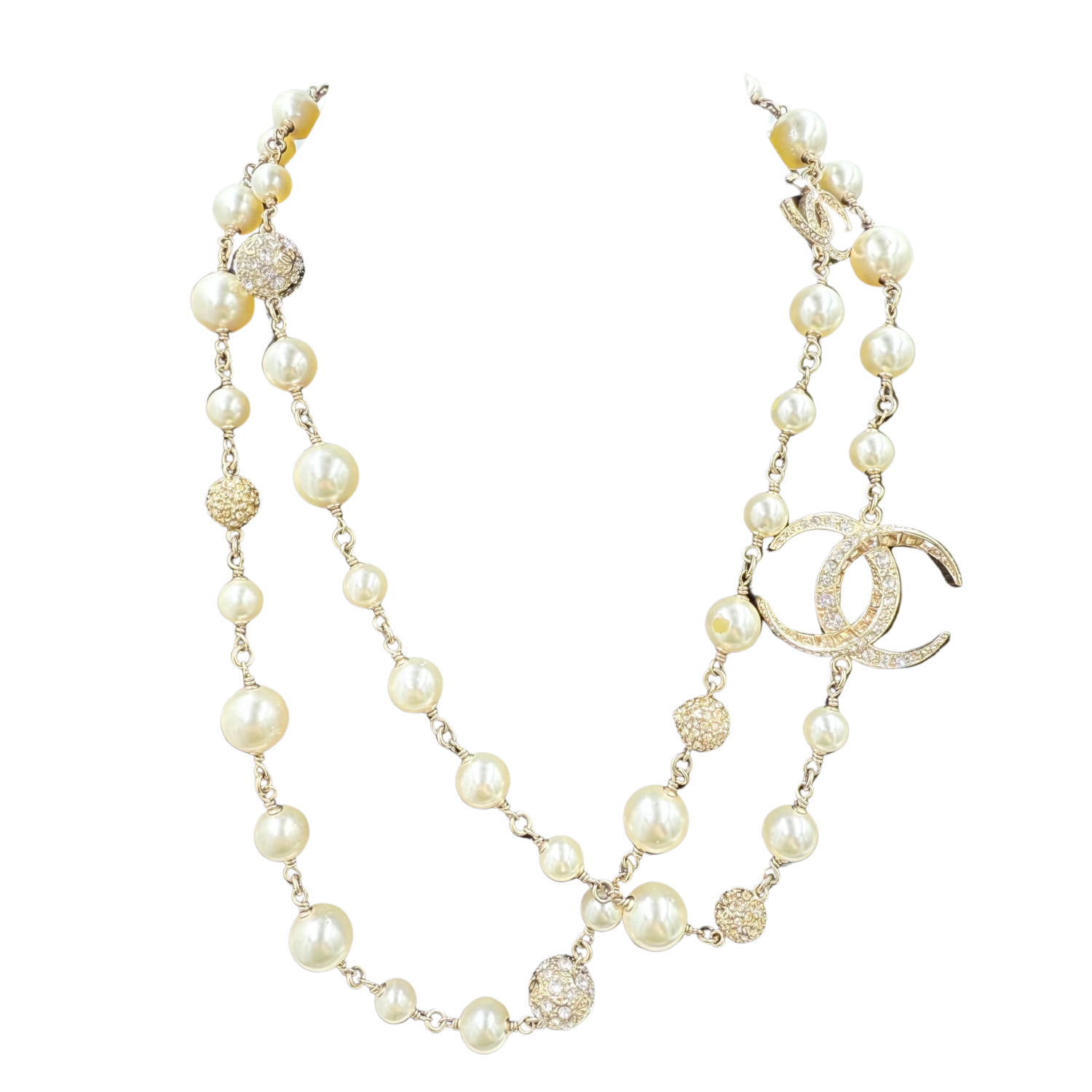 Chanel Metal Graduated Pearl Crystal CC Long Necklace Gold