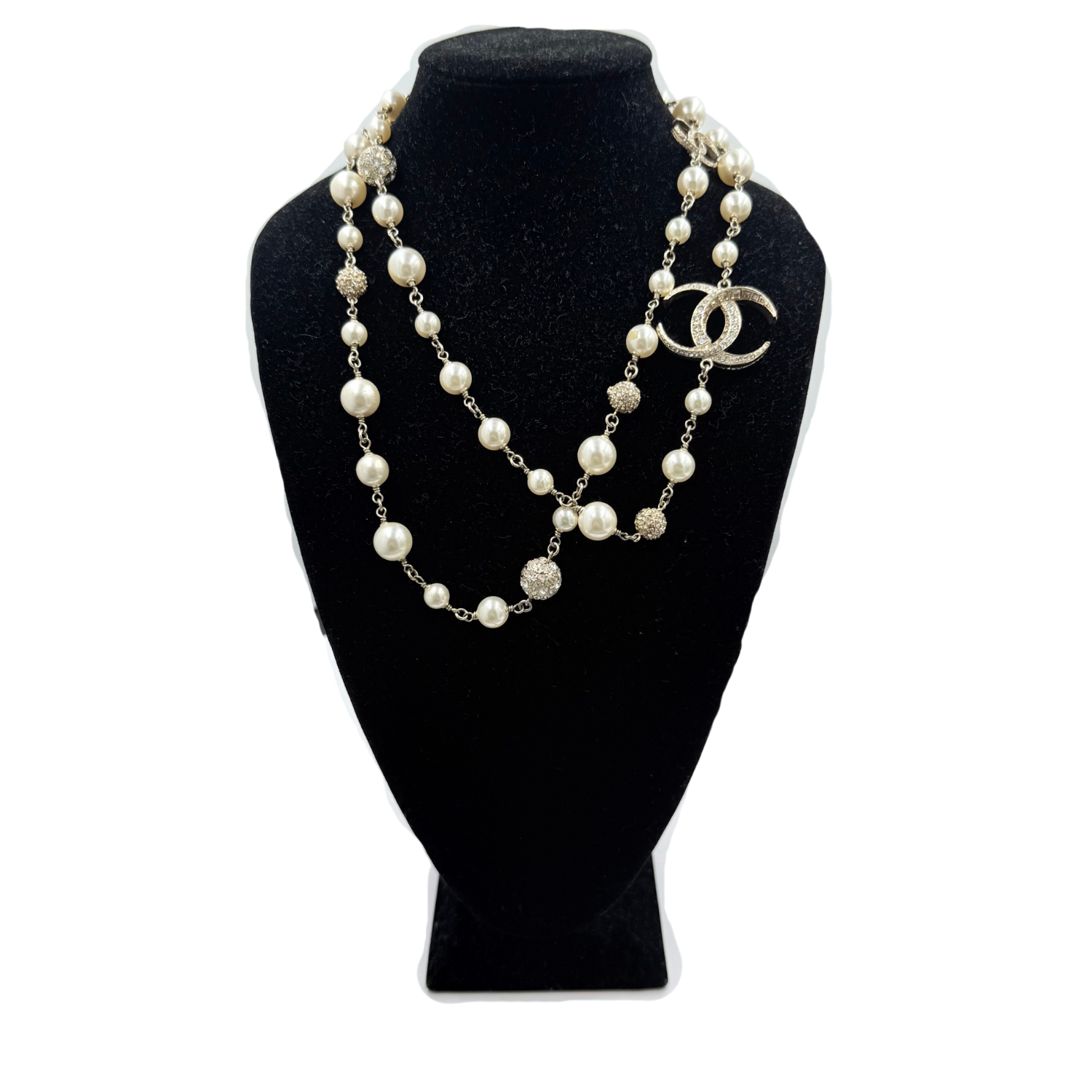 Chanel Metal Graduated Pearl Crystal CC Long Necklace Gold