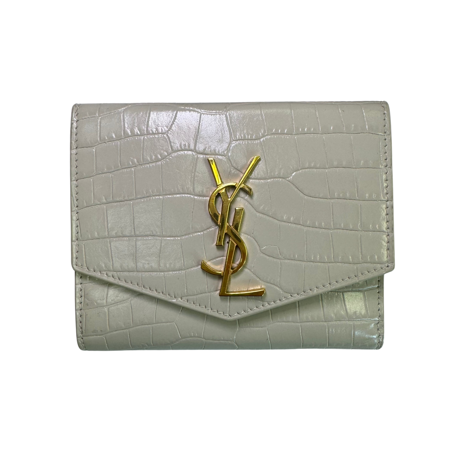 Yves Saint Laurent Calfskin Crocodile Embossed Uptown Bi Fold Wallet White