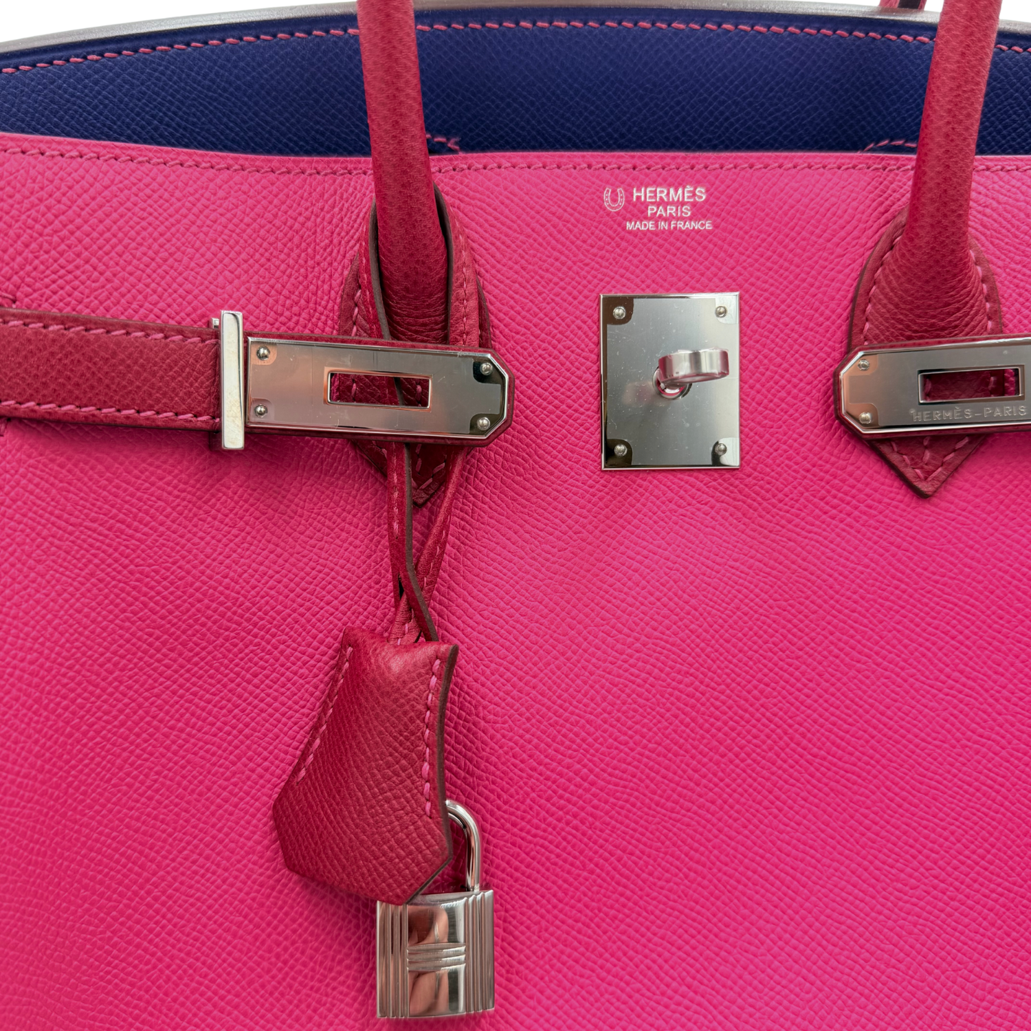 Hermès Special Order (HSS) Birkin 30 Epsom Leather Tri-Color Rose Tyrien, Blue Encre, and Rouge Casaque with Palladium Hardware