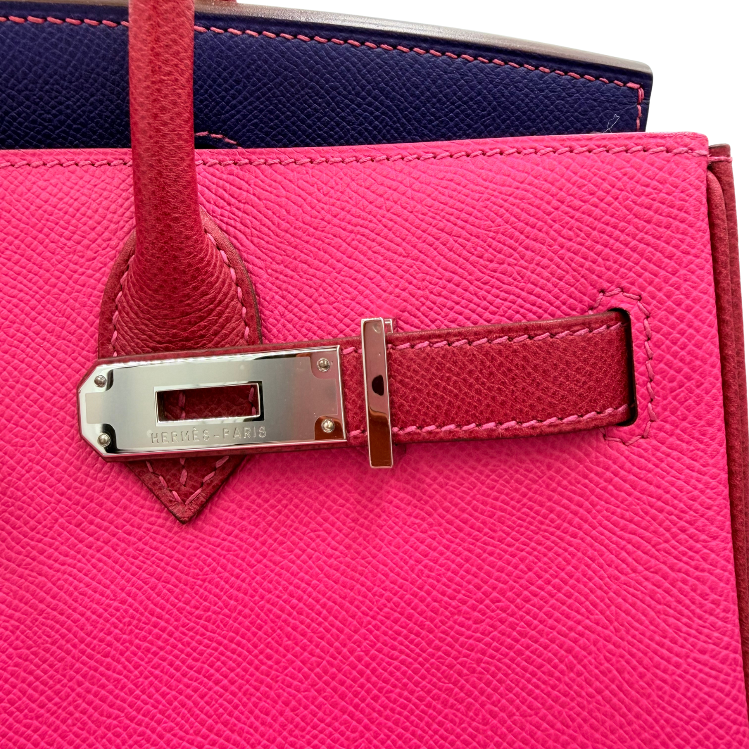 Hermès Special Order (HSS) Birkin 30 Epsom Leather Tri-Color Rose Tyrien, Blue Encre, and Rouge Casaque with Palladium Hardware