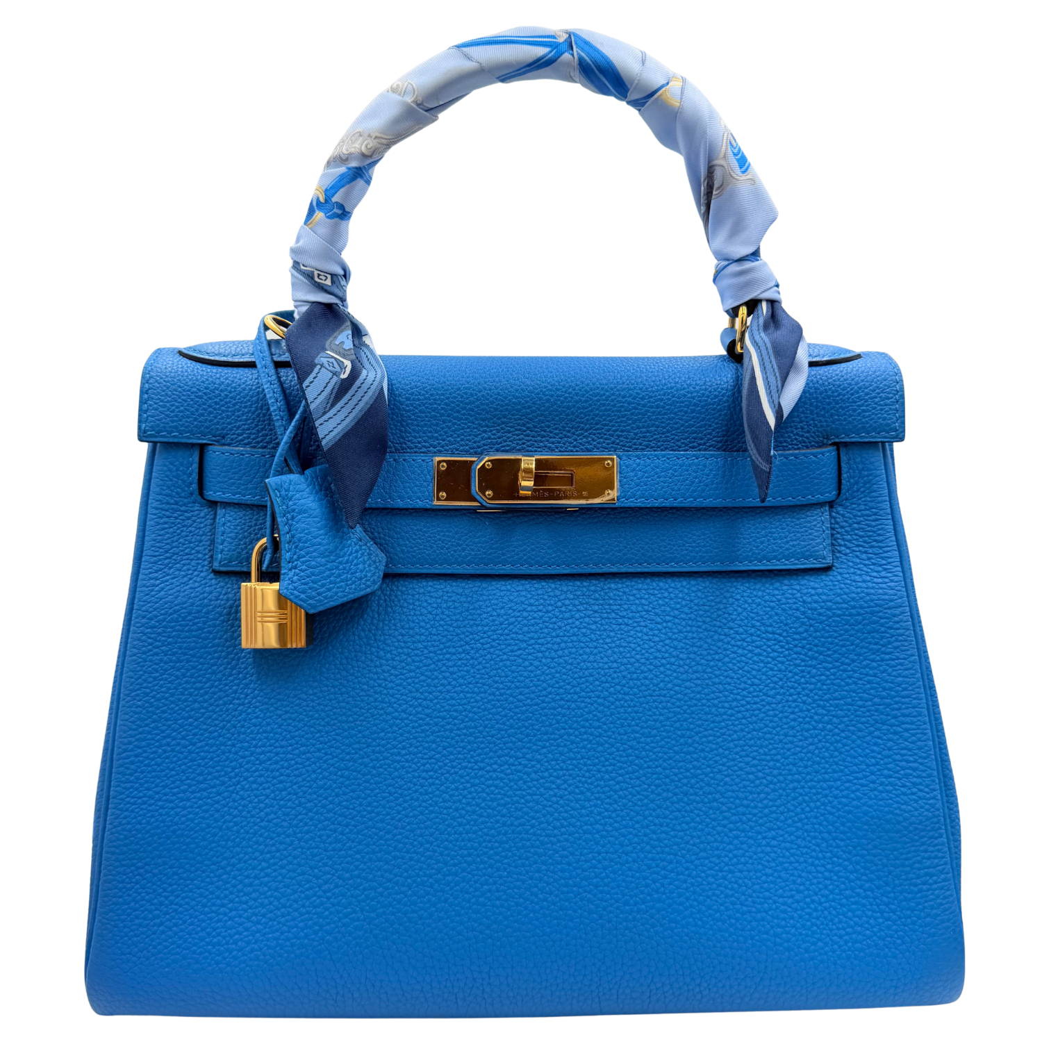 Kelly 28 Togo Blue Zanzibar Gold Hardware comes with Twilly