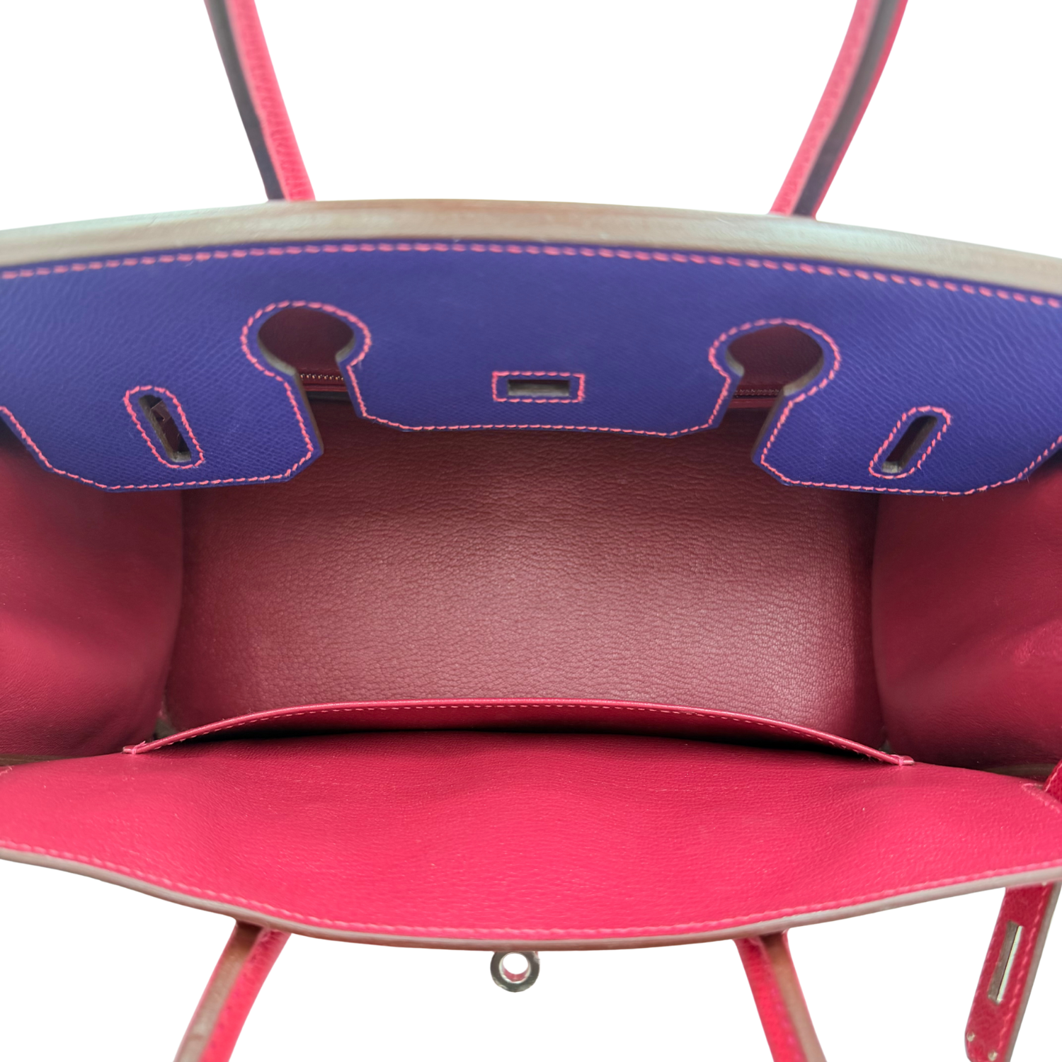 Hermès Special Order (HSS) Birkin 30 Epsom Leather Tri-Color Rose Tyrien, Blue Encre, and Rouge Casaque with Palladium Hardware