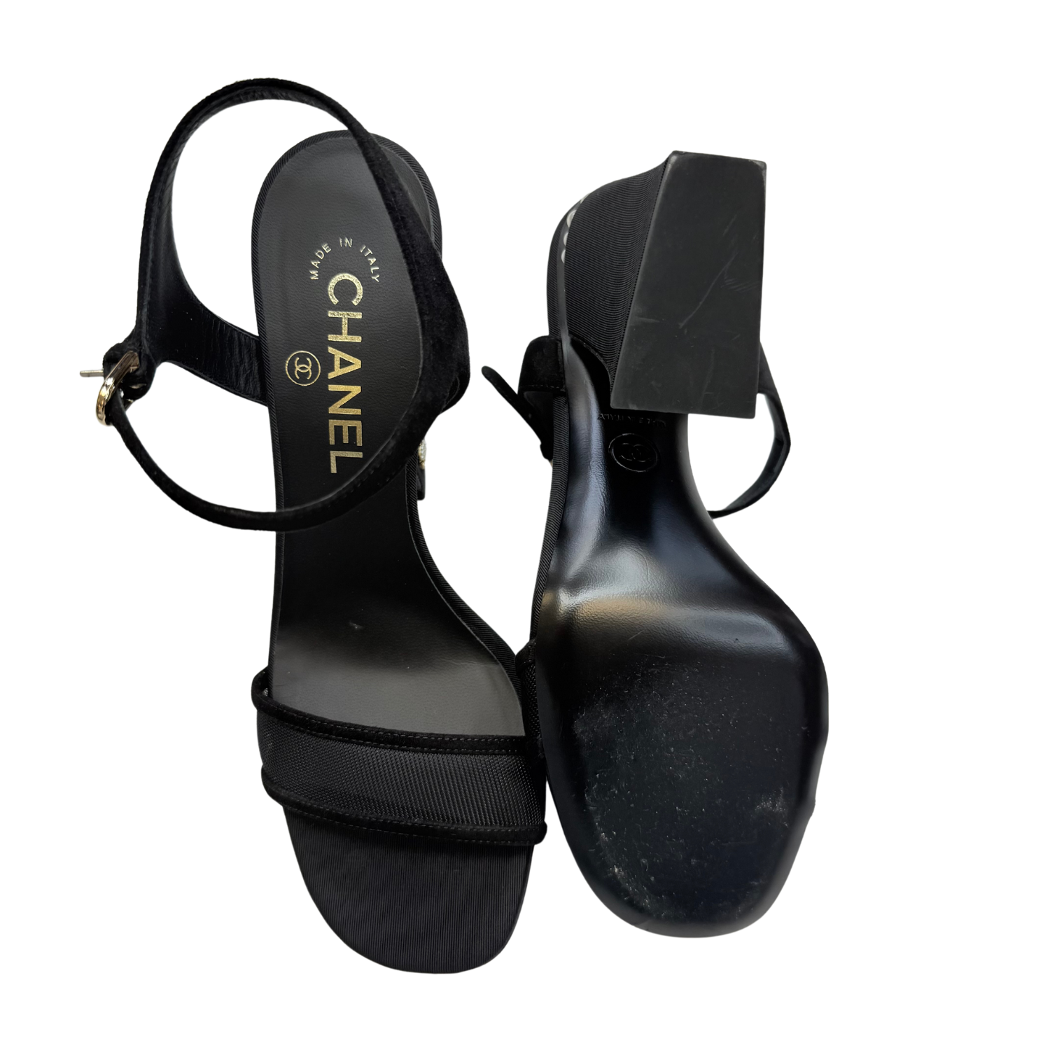 Chanel Grosgrain Open Toe Heeled Sandals Black