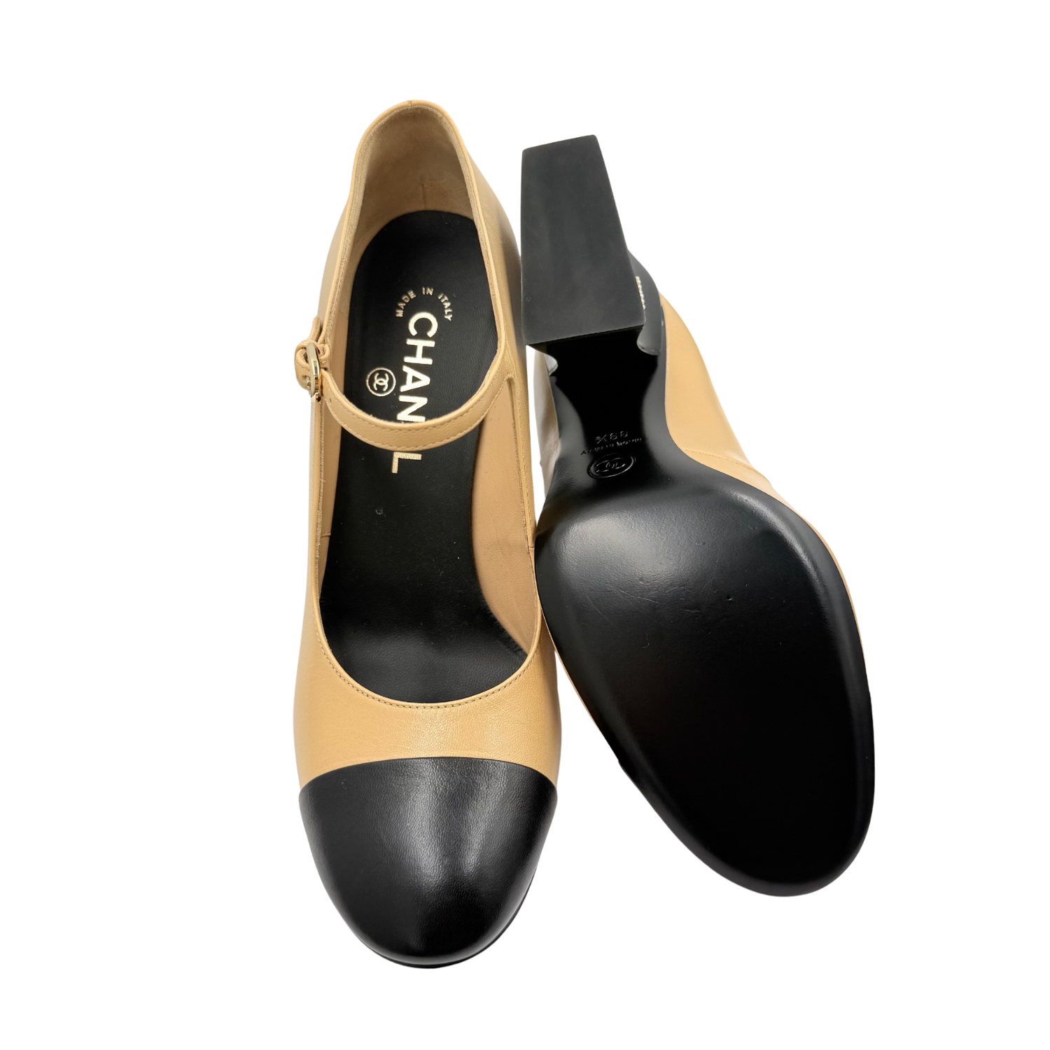 Chanel Shiny Goatskin Pearls Cap Toe Open Slingback Block Heel Pumps Beige Black