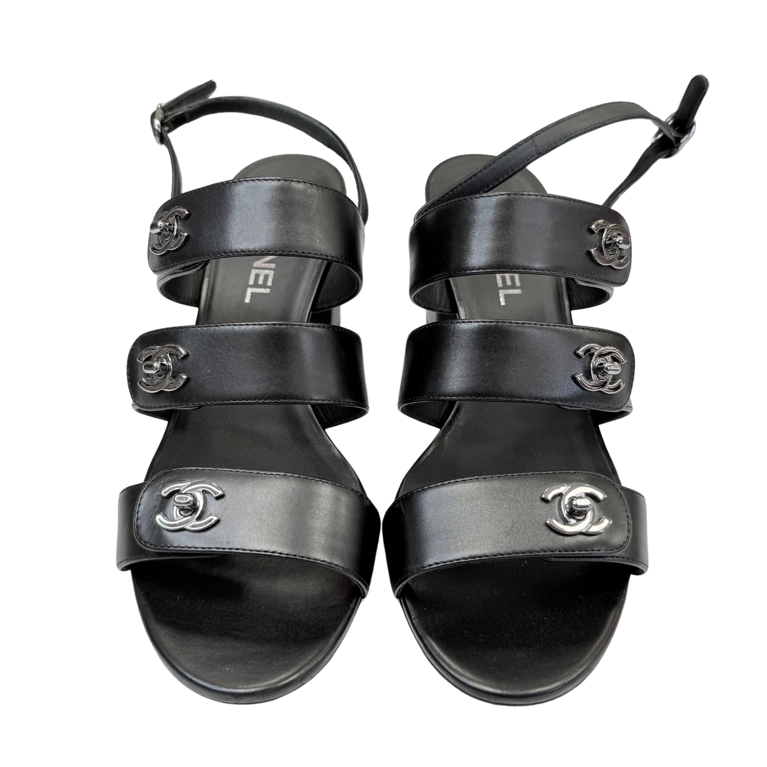 Chanel CC Turnlock Block Heel Slingbacks Black