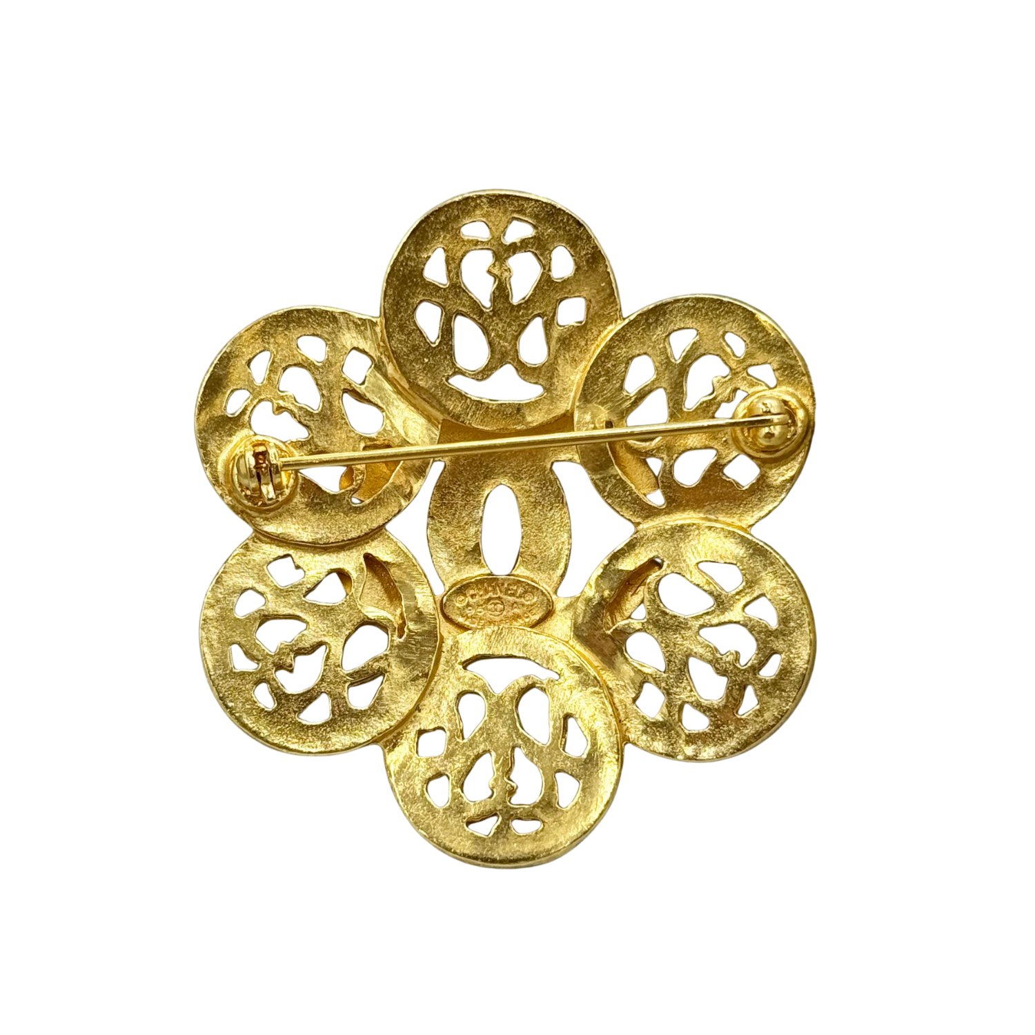 Chanel Vintage CC Arabesque Flower Brooch Pin Gold