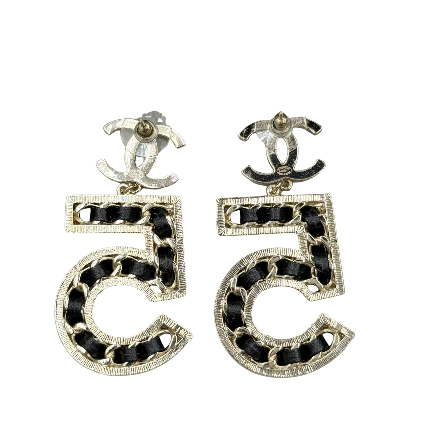 Chanel Large Crystal Lambskin Chain CC No 5 Drop Earrings Gold Black