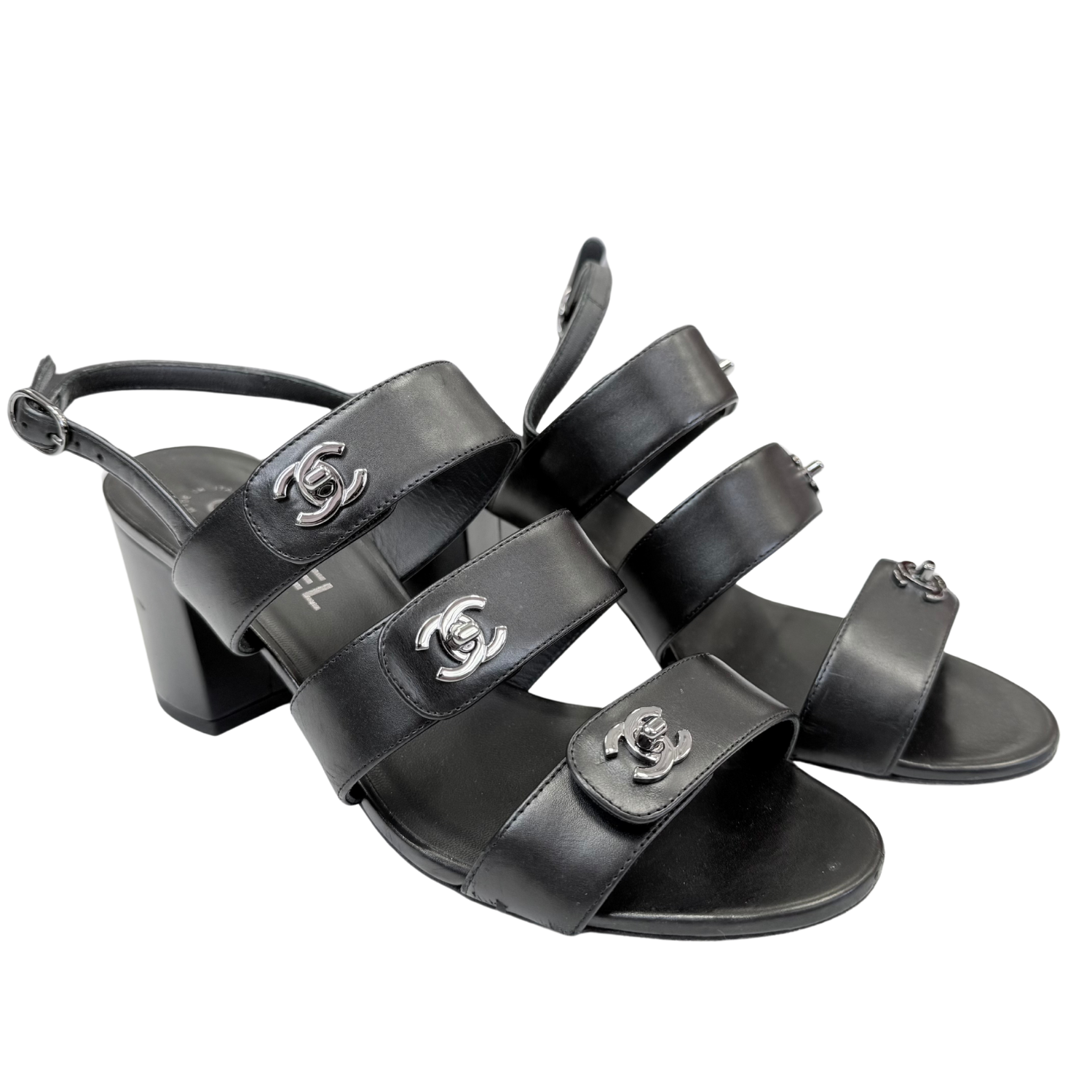 Chanel CC Turnlock Block Heel Slingbacks Black
