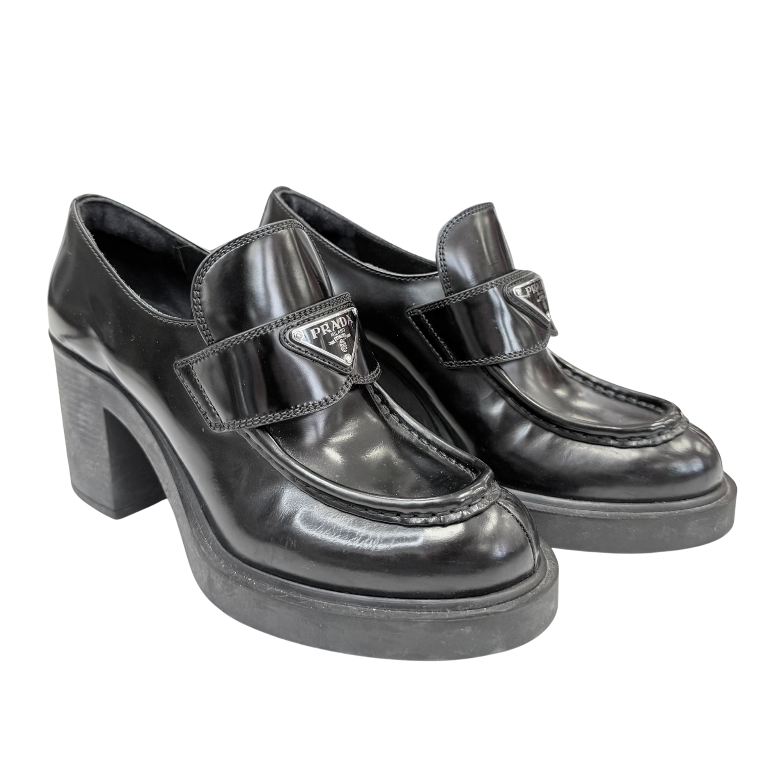 Prada Spazzolato Heeled Loafers Black