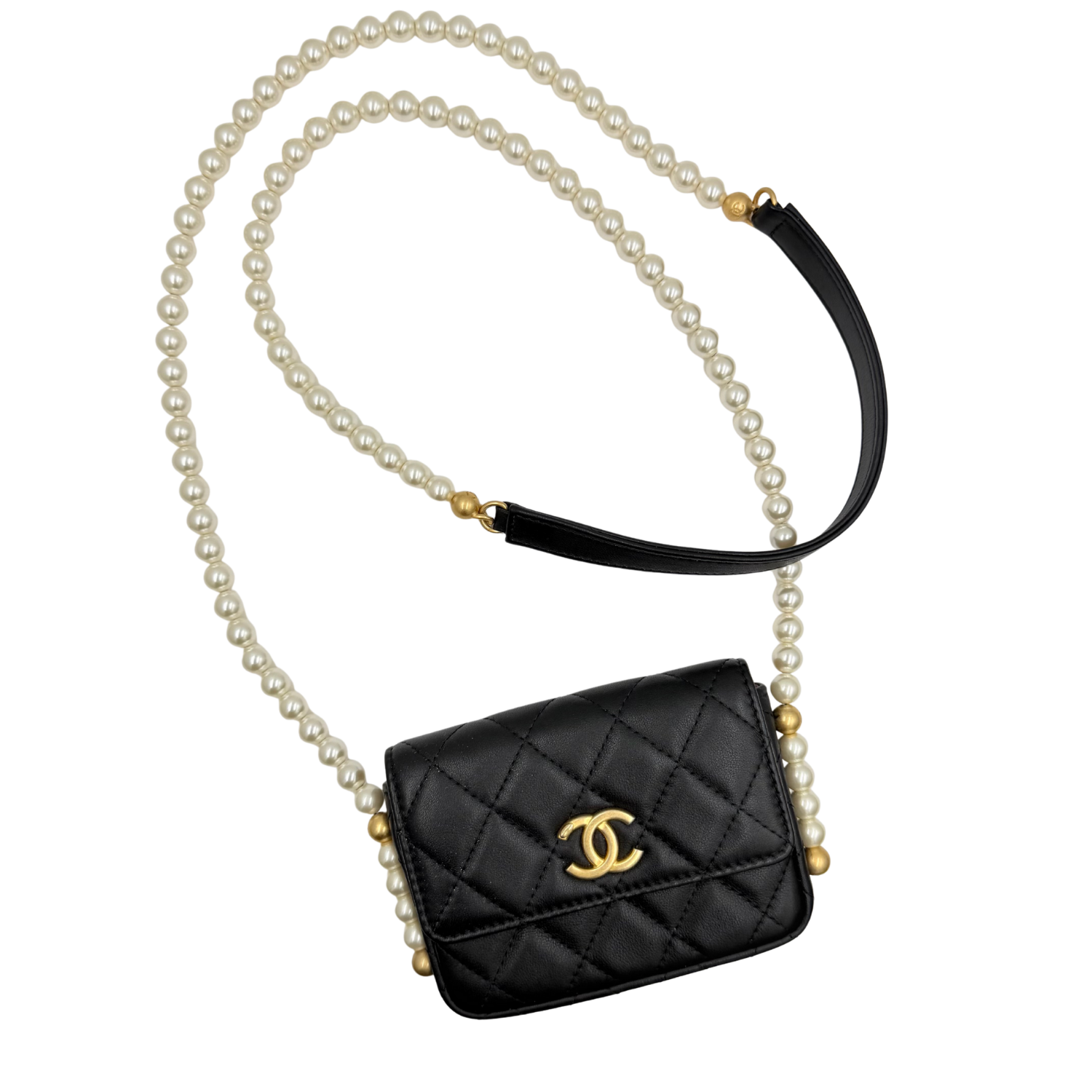 Chanel Mini Flap Card Holder with Imitation Pearl Strap Wallet on Chain Black