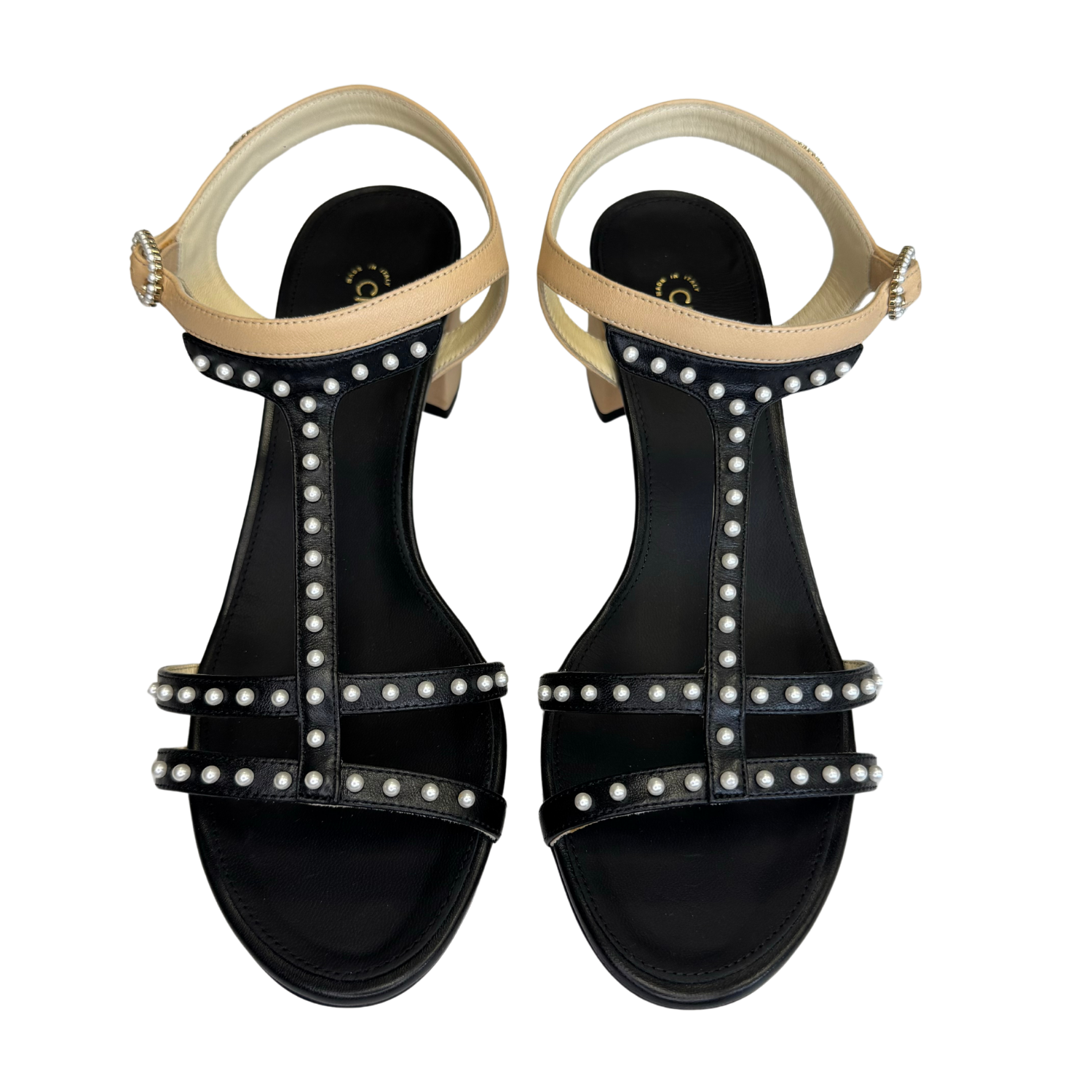 Chanel Satin Pearl Sandals Black & Beige