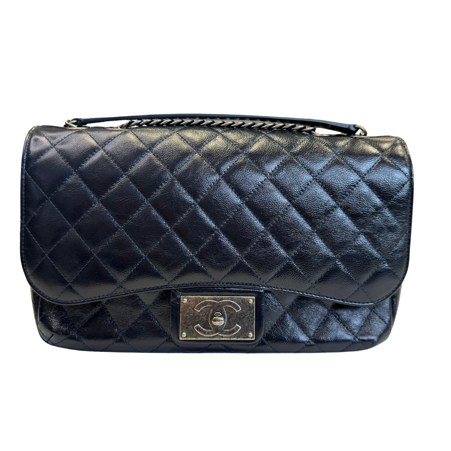 Chanel Single Flap Quilted Crinkled Calfskin Bag Navy